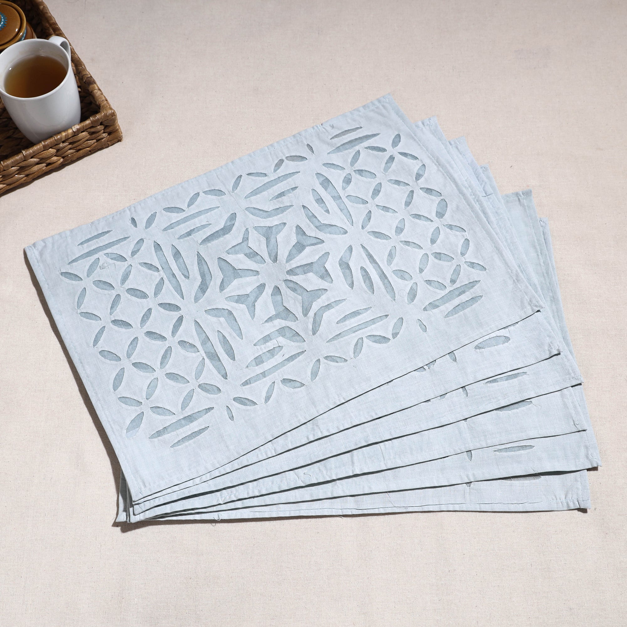 SHADES OF MARUDHARA Blue - Applique Cut work Cotton Table Mats (set of 6)