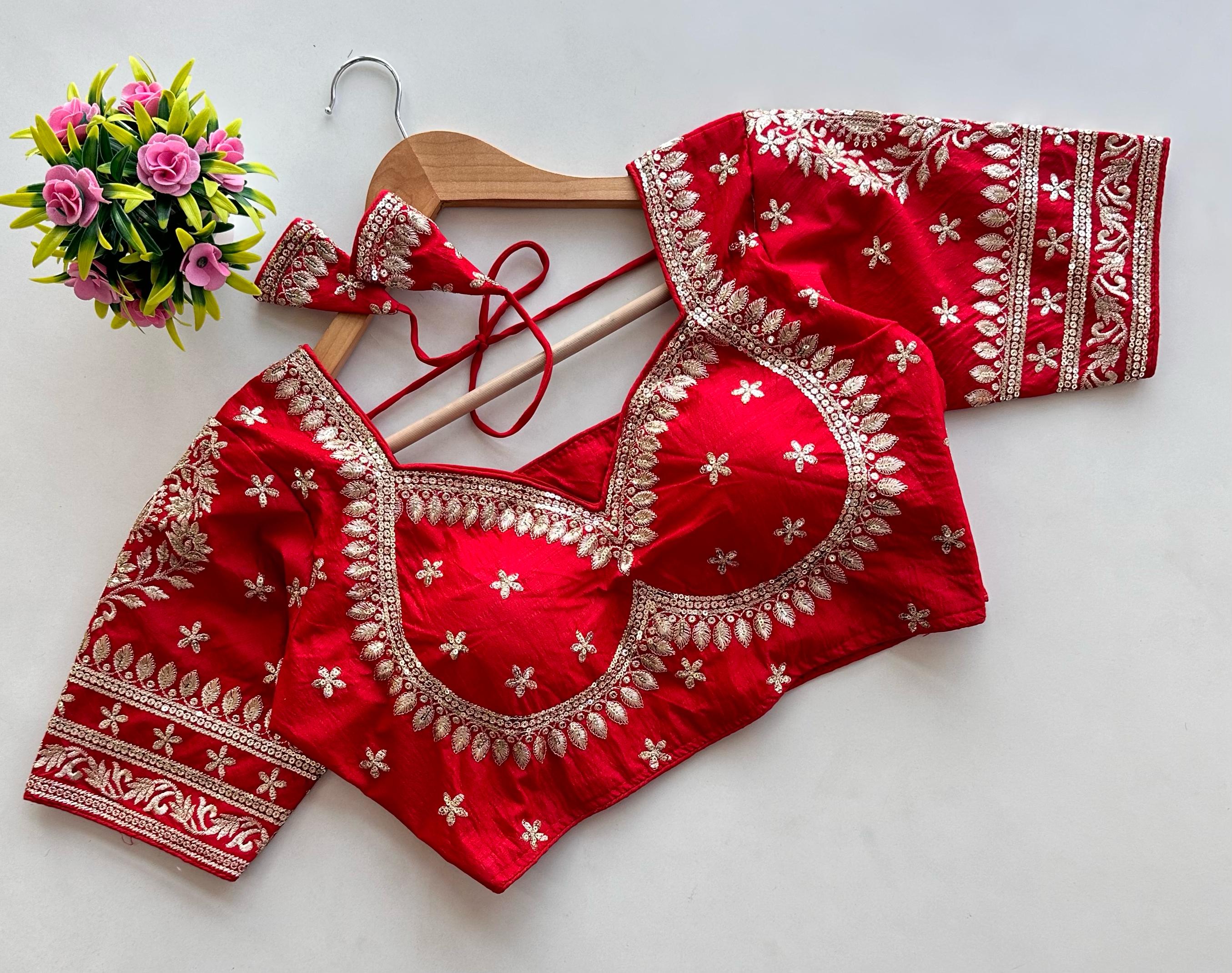 ClothsVilla Red Golden Embroidered Blubbery Silk Blouse with Sequins