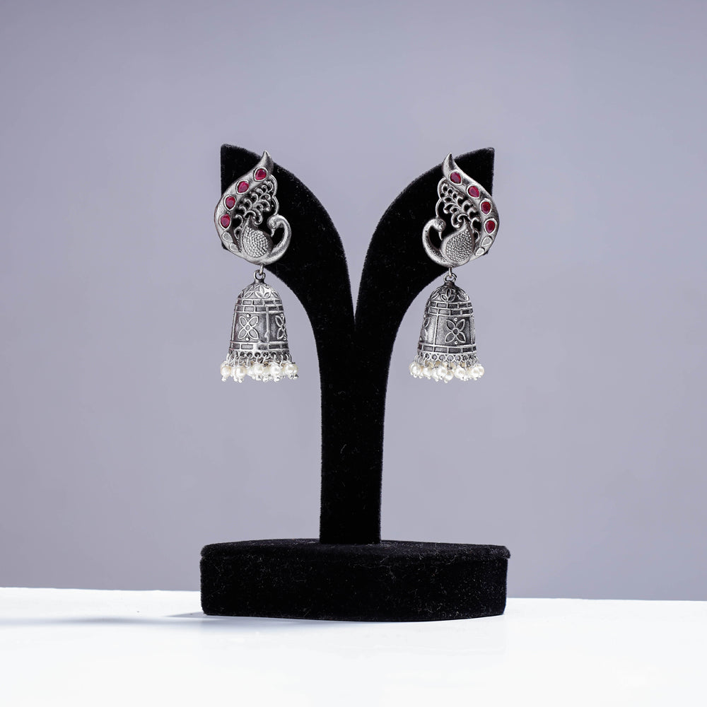 WHITE RIVER STORIES Antique Silver Finish Oxidised Brass Base Jhumki Earrings