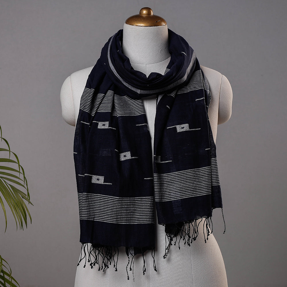 KHUSHBASH - HAPPY LOOM OF EAST Black - Burdwan Jamdani Buti Handloom Pure Cotton Stole with Tassels