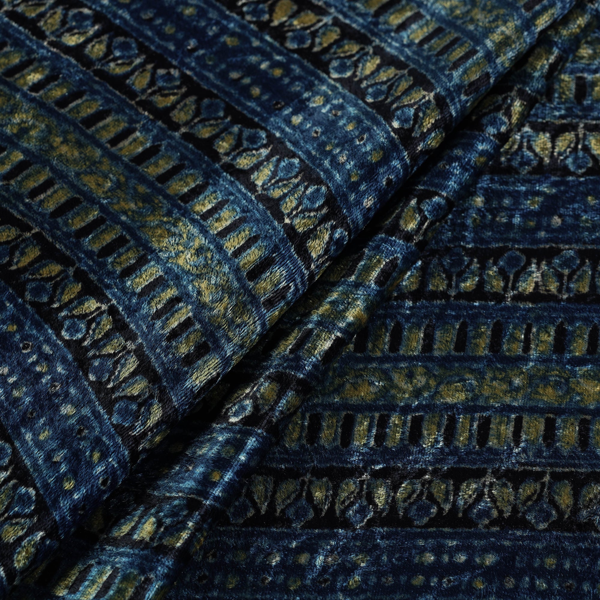 AJRAKH BY JABBAR KHATRI Blue - Block Printed Velvet Natural Dyed Ajrakh Fabric 10 - view 2