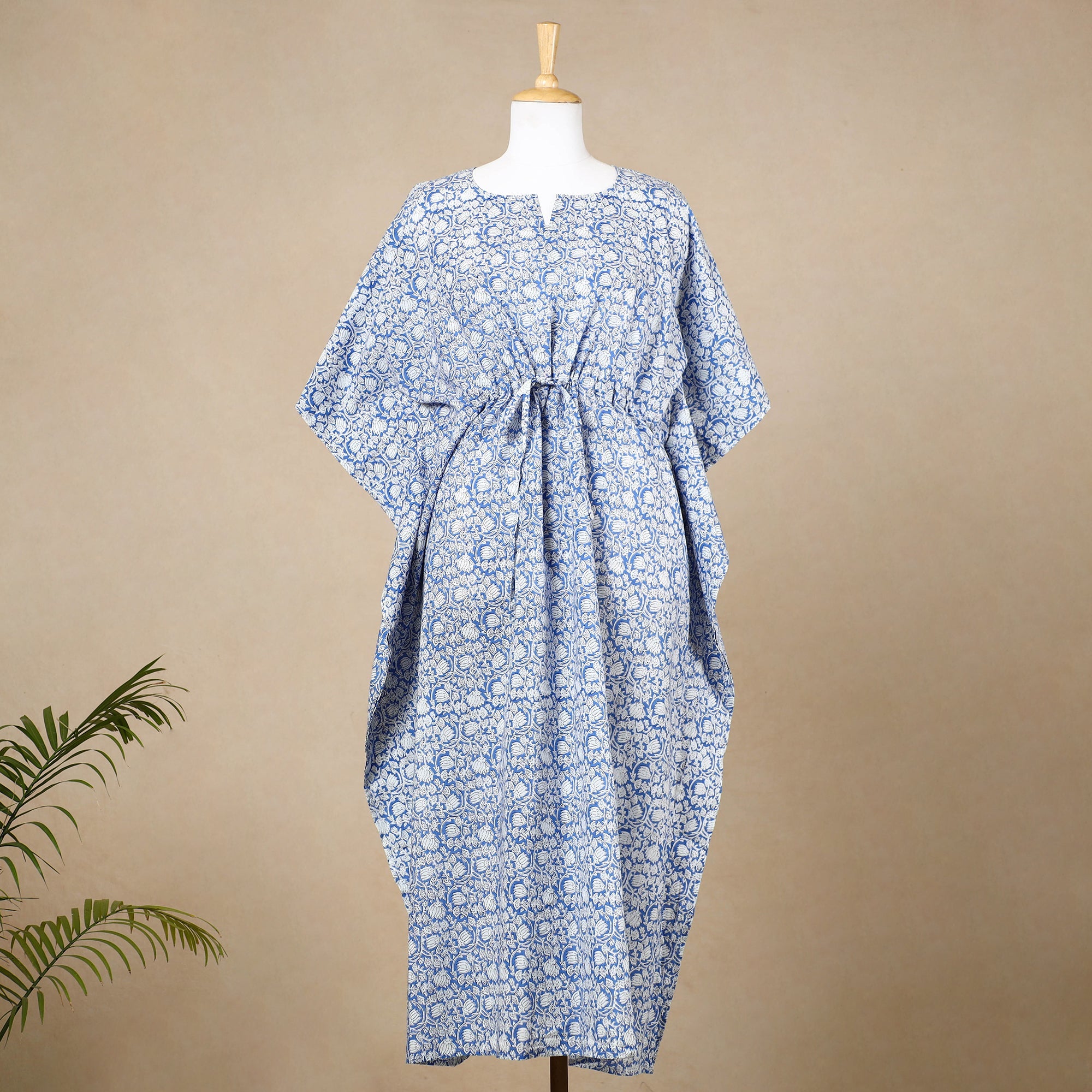 CHUTNEY CRAFT STUDIO Blue - Hand Block Printed Cotton Kaftan with Tie-Up Waist (Long)