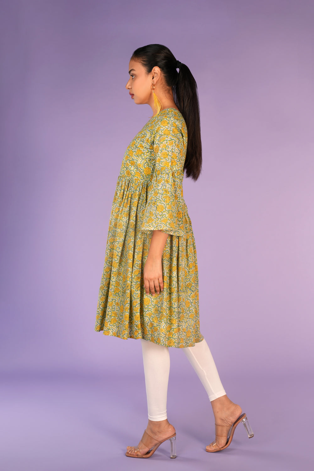 Kalanjali Ethnics Floral pista green Sanganeri handblock printed kurti - view 2