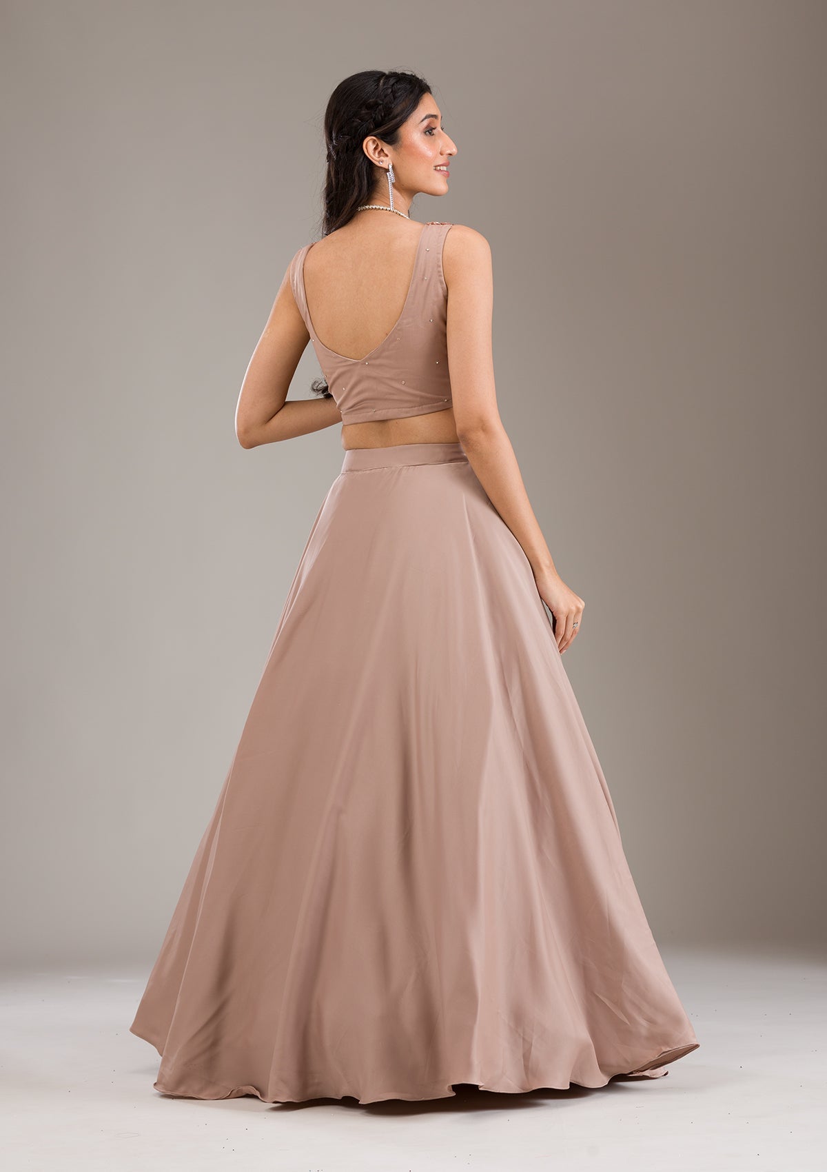 Koskii Light Brown Sequins Satin Readymade Lehenga - view 3