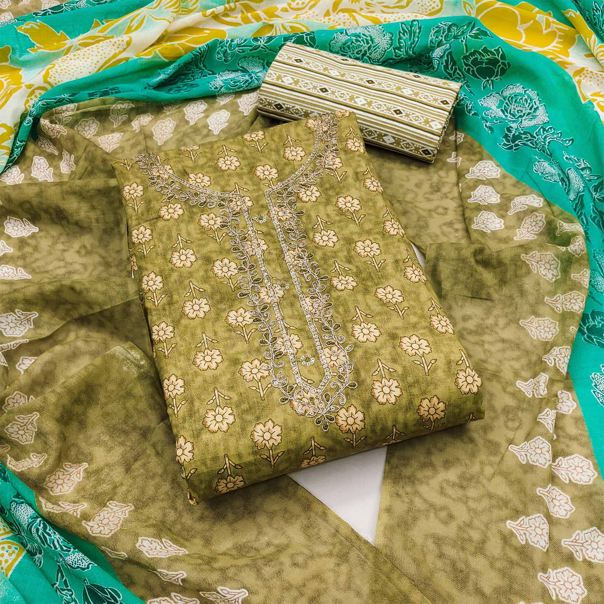 Peachmode Mehendi Green Floral Printed Pure Cotton Dress Material