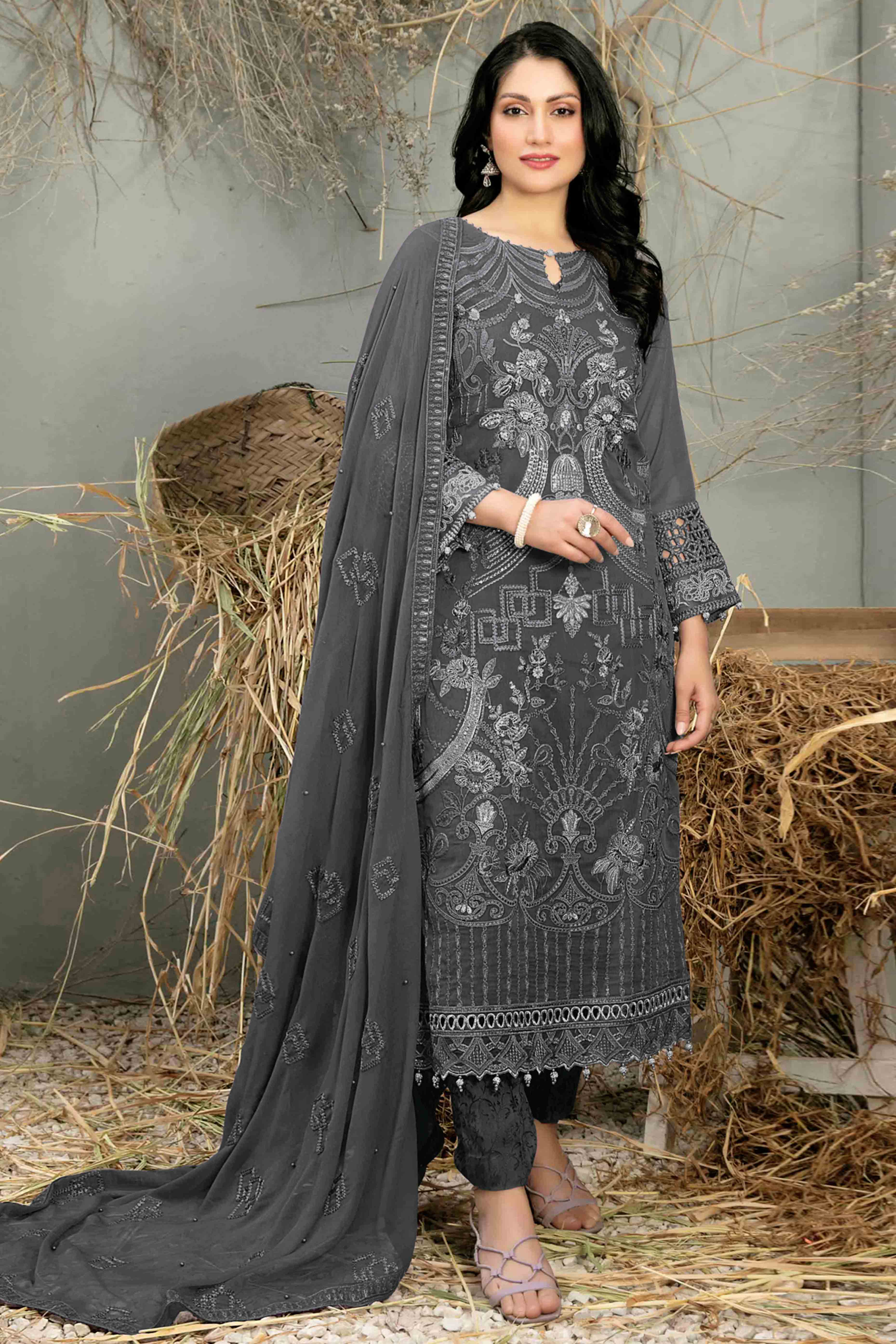 Peachmode Dark Grey Floral Embroidered Heavy Georgette Dress Material