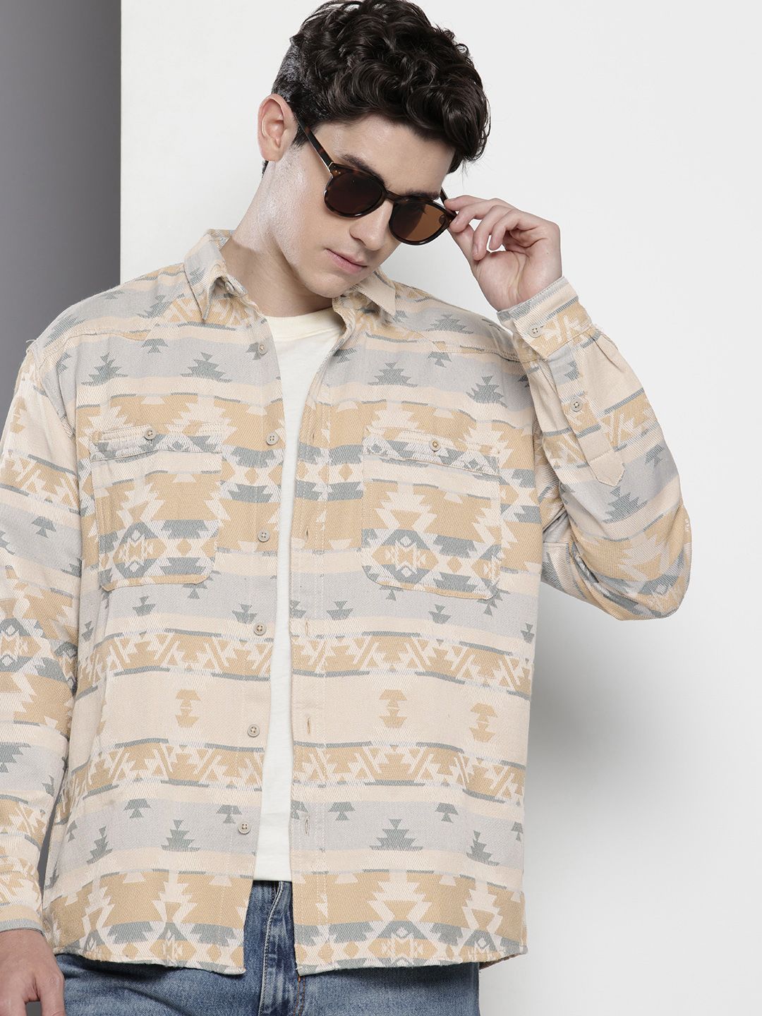 The Indian Garage Co Men's Beige Relaxed Fit Textured Resort Wear Shirt