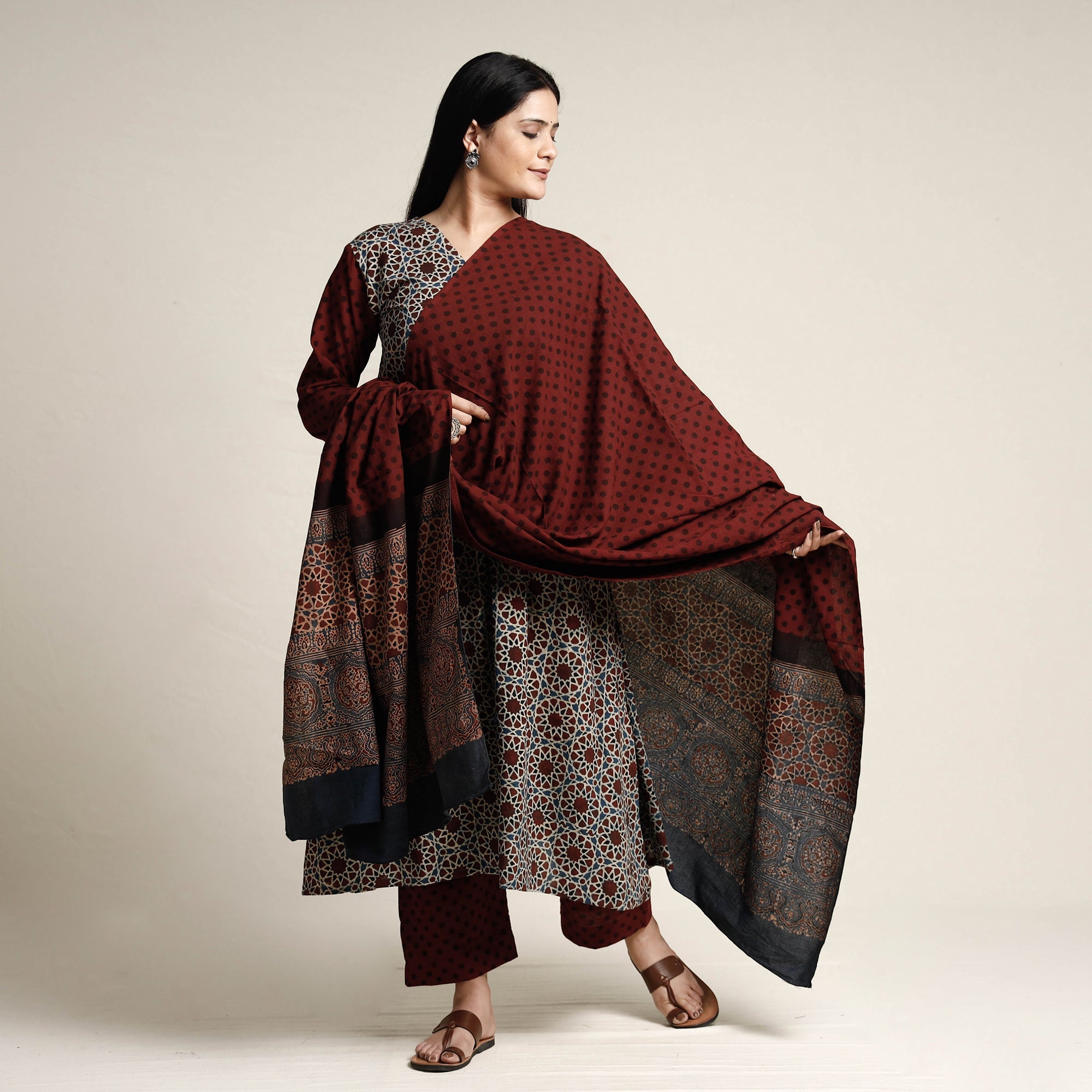 ITOKRI CASUALS Black - Ajrakh Block Printed Cotton Kurta with Palazzo & Dupatta Set - view 2