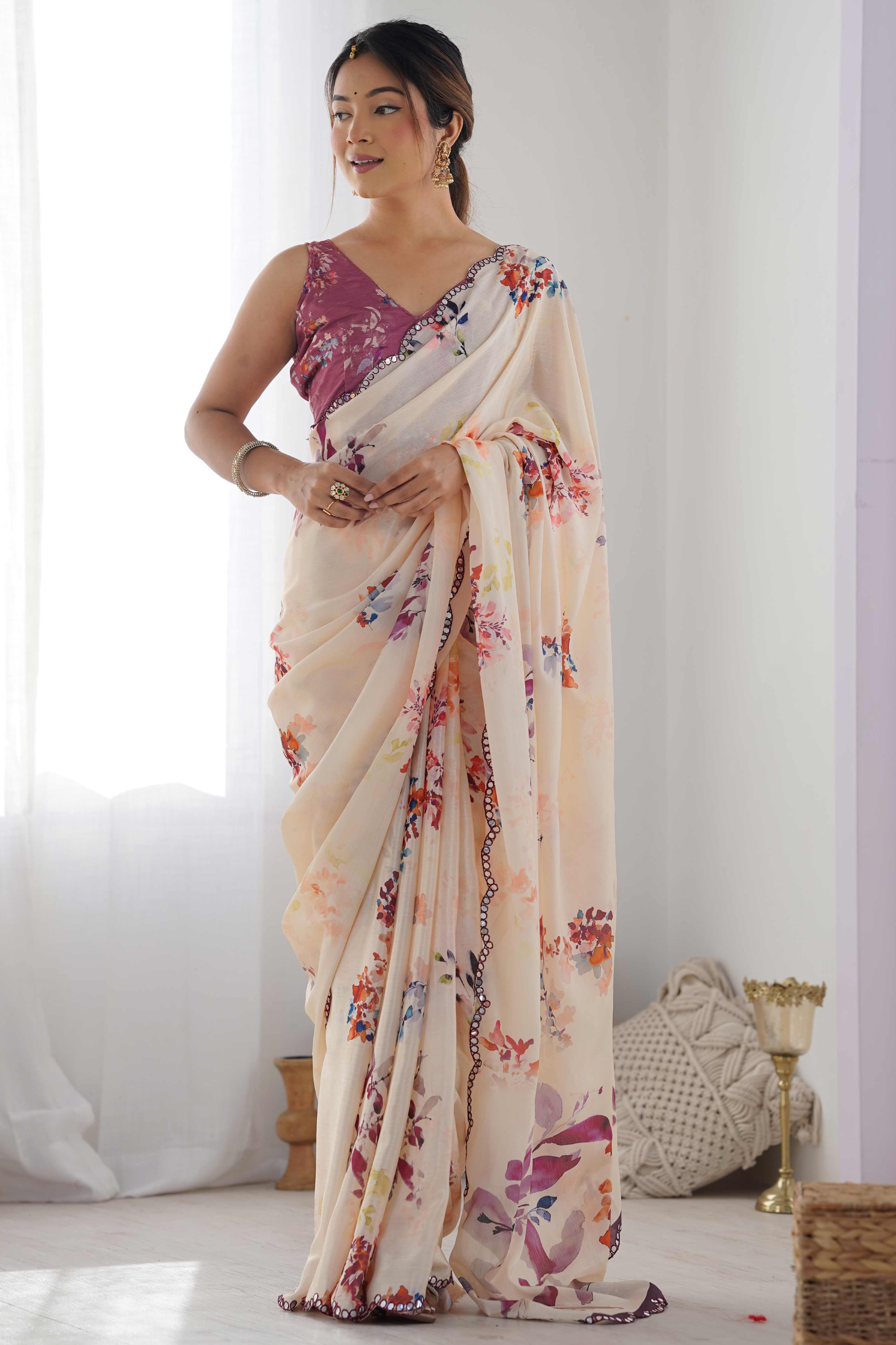 Peachmode Cream Floral Printed Chinon Saree – Women's - view 3