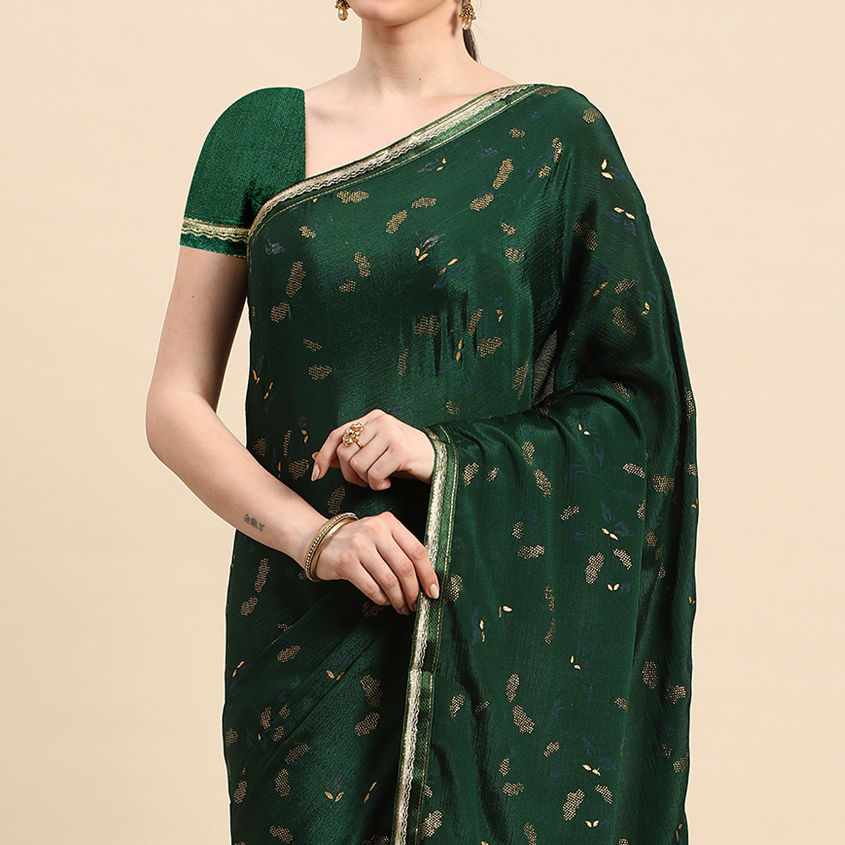 BlackTree green-foil-printed-chiffon-saree – Women's - view 3