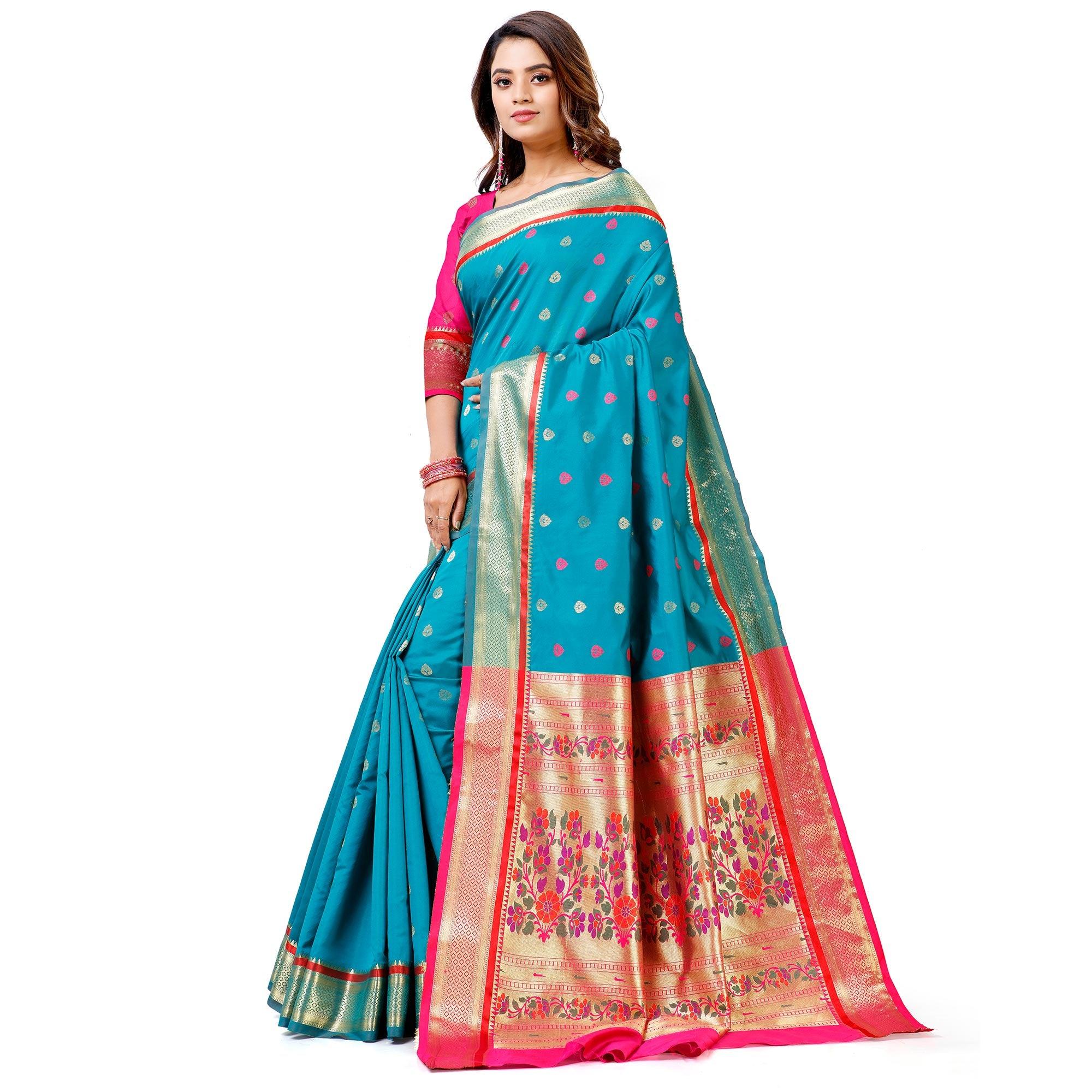 Peachmode Ideal Blue Colored Festive Wear Woven Banarasi Art Silk Saree With Paithani Pallu - view 2