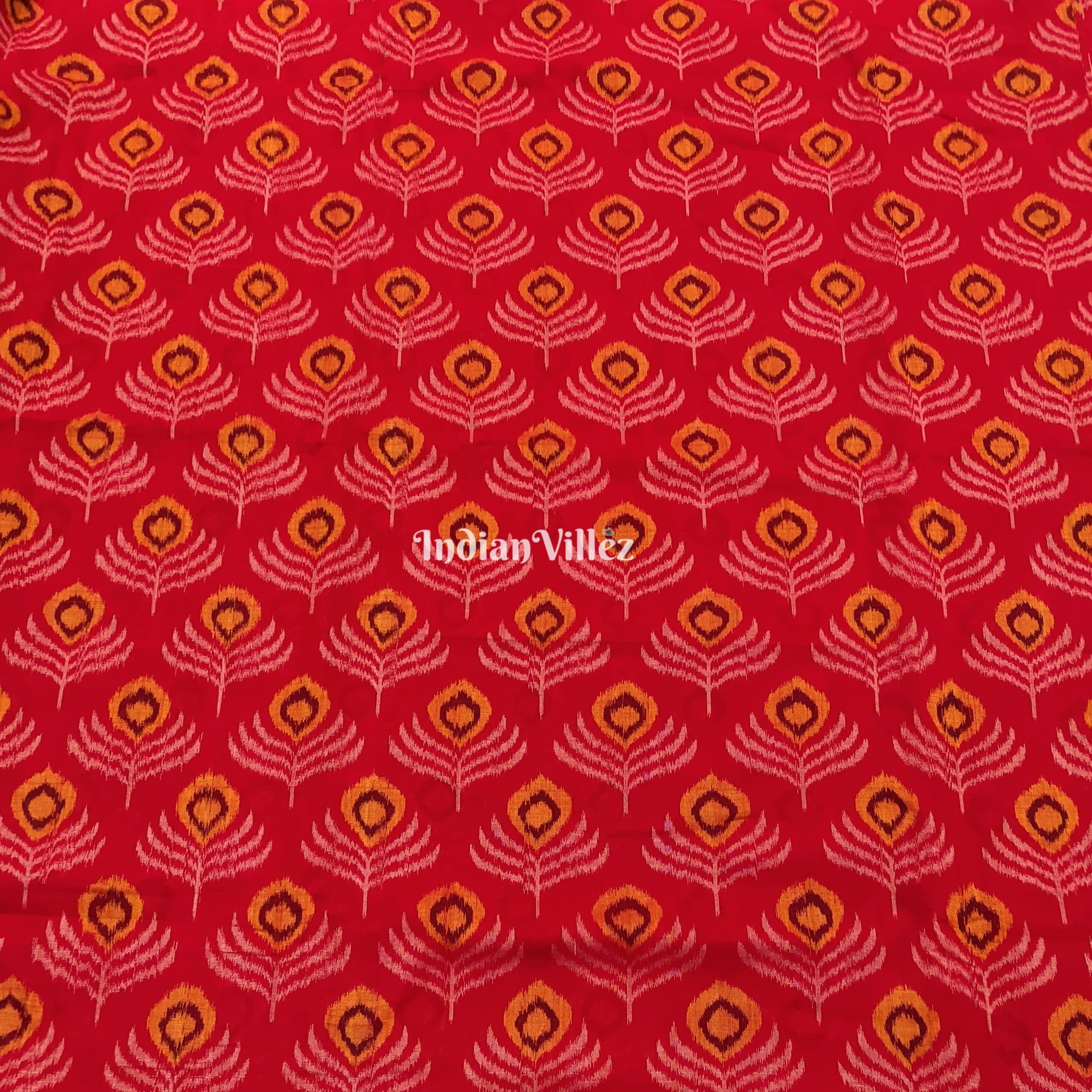 IndianVillèz Red Mayur Chandrika Sambalpuri Ikat Cotton Fabric - view 2