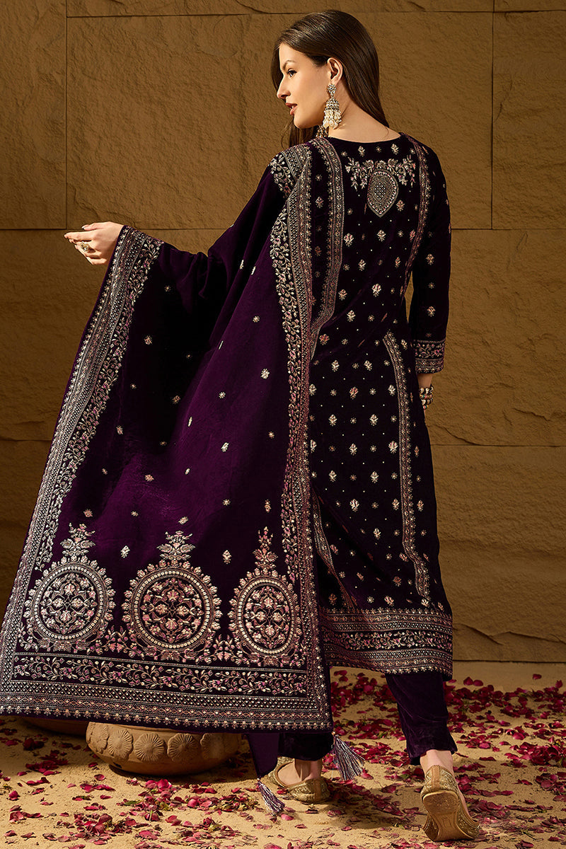 Ahika Purple Velvet Ethnic Motifs Printed Straight Trousers Suit Set PKSKD2883 - view 4