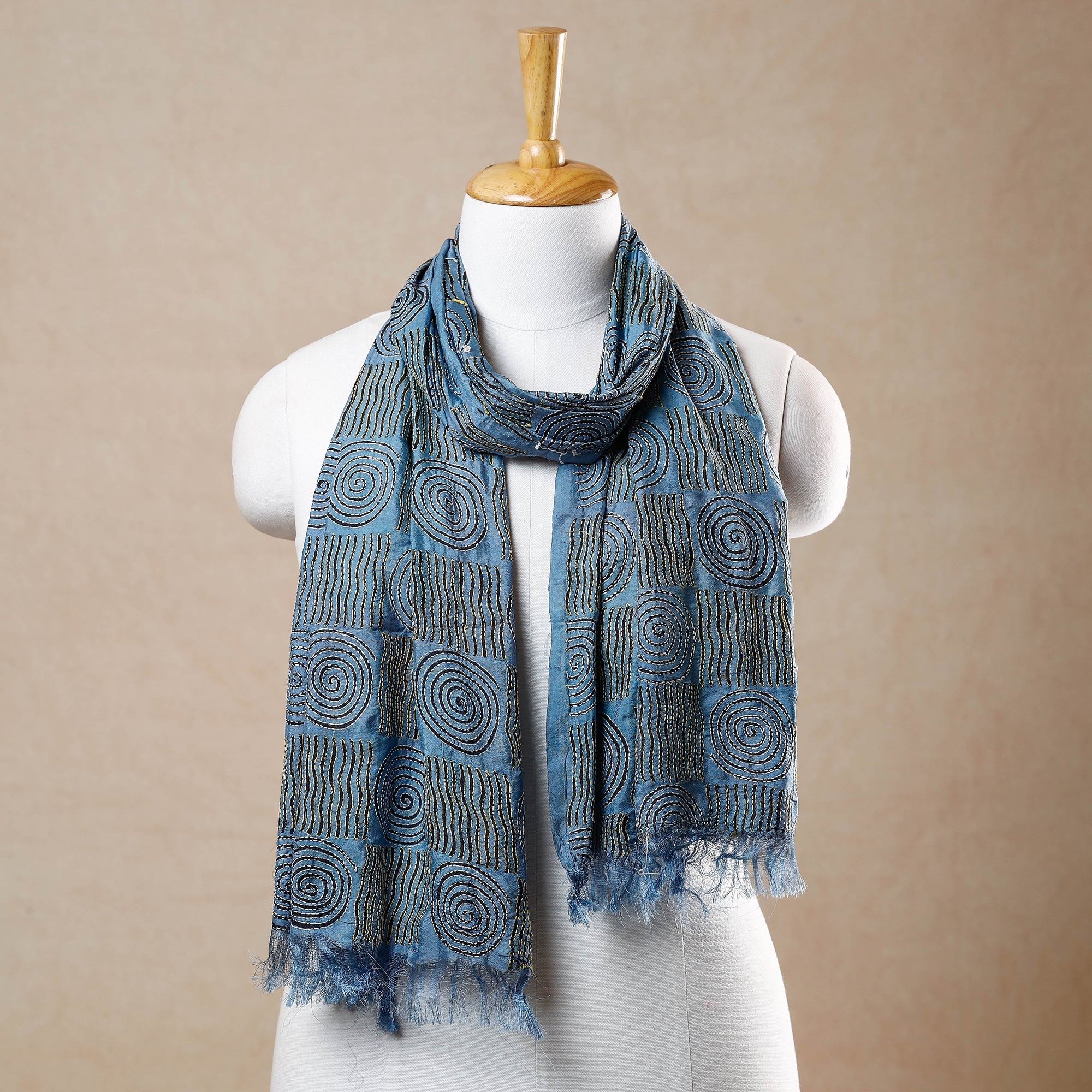 KHUSHBASH - HAPPY LOOM OF EAST Blue - Bengal Kantha Embroidery Block Printed Silk Handloom Stole