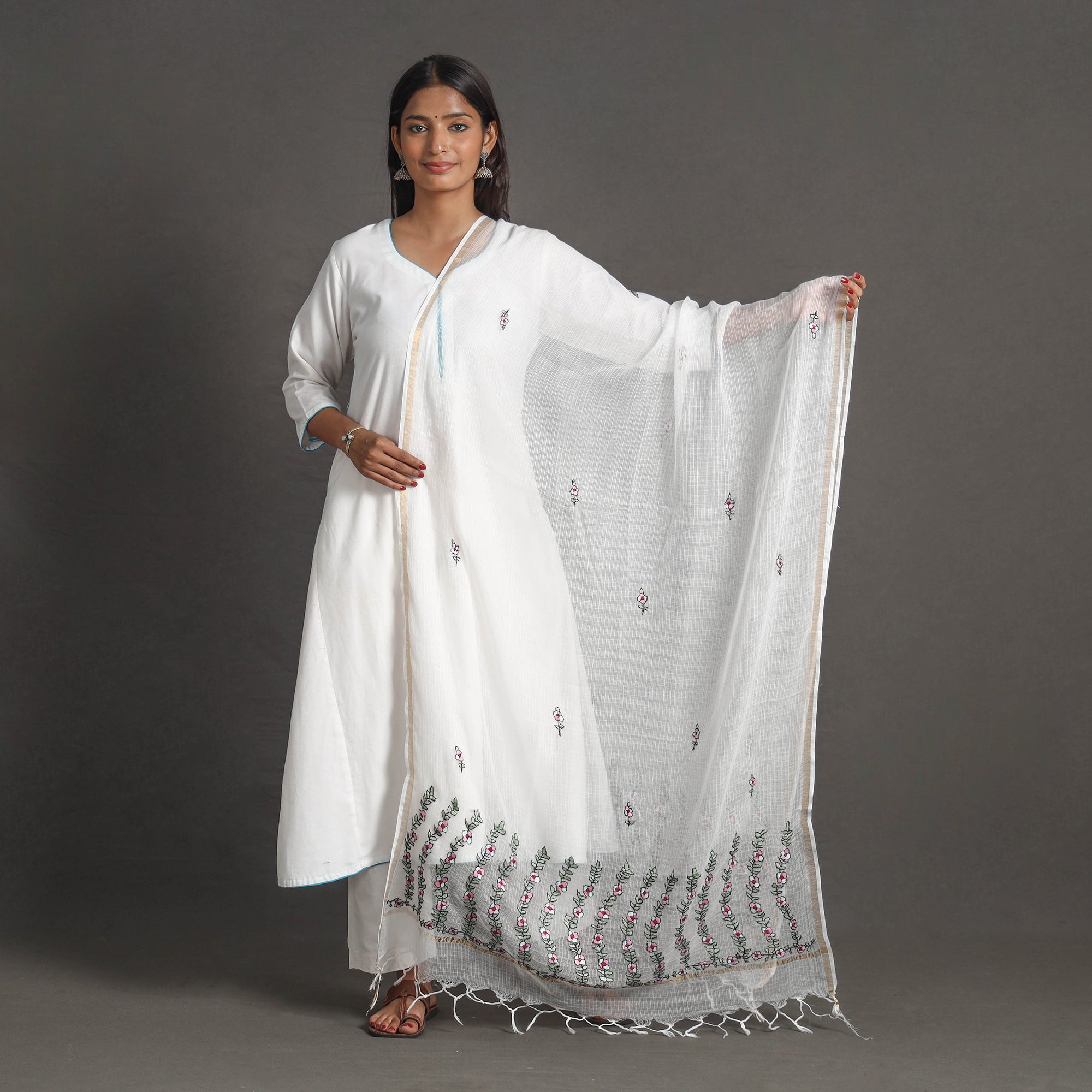 ITOKRI CRAFTS INITIATIVE Kota Doria Silk Cotton Kashida Embroidery Dupatta 50