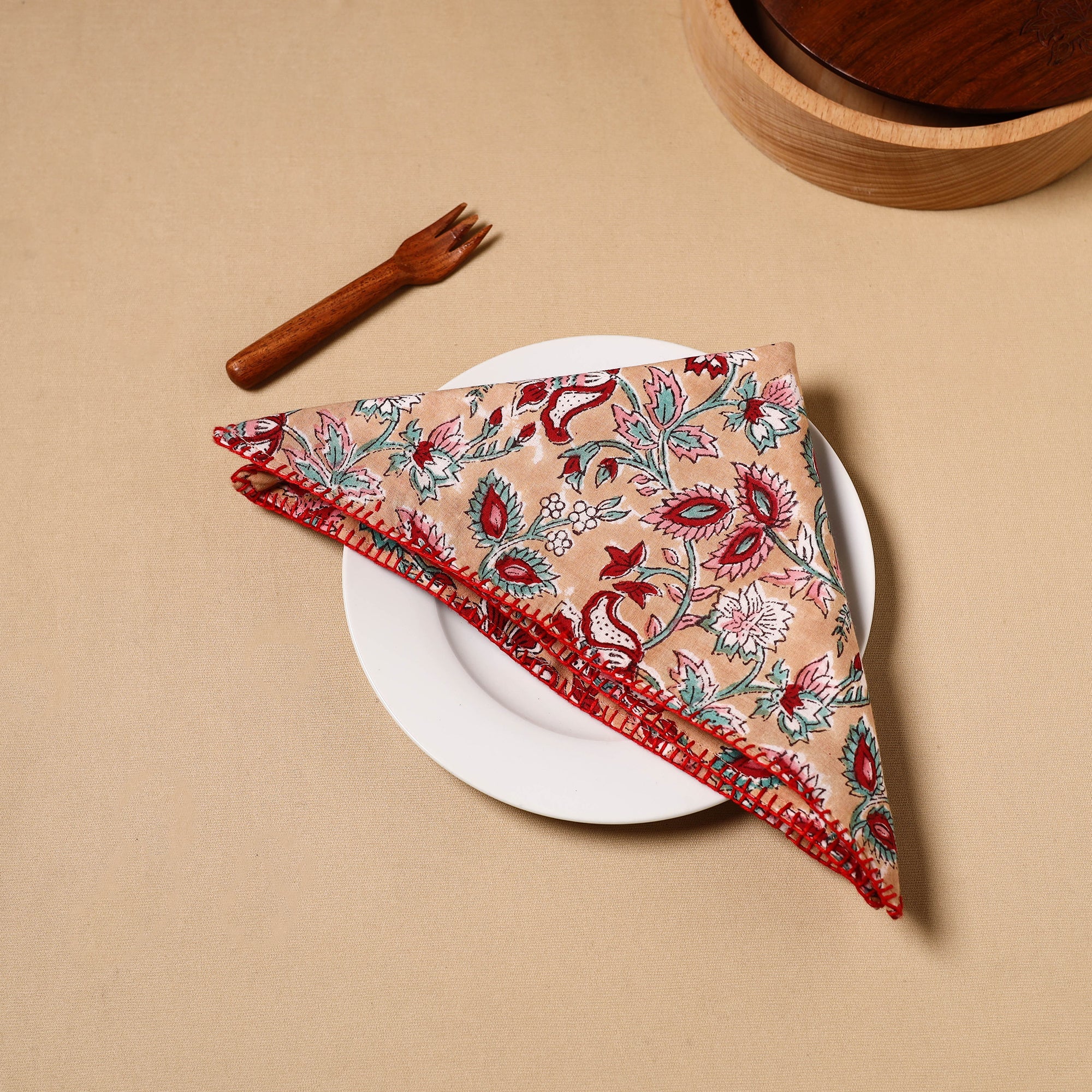 NOORI BAZAR Brown - Floral Block Print Cotton Hand Embroidery Table Napkin 13