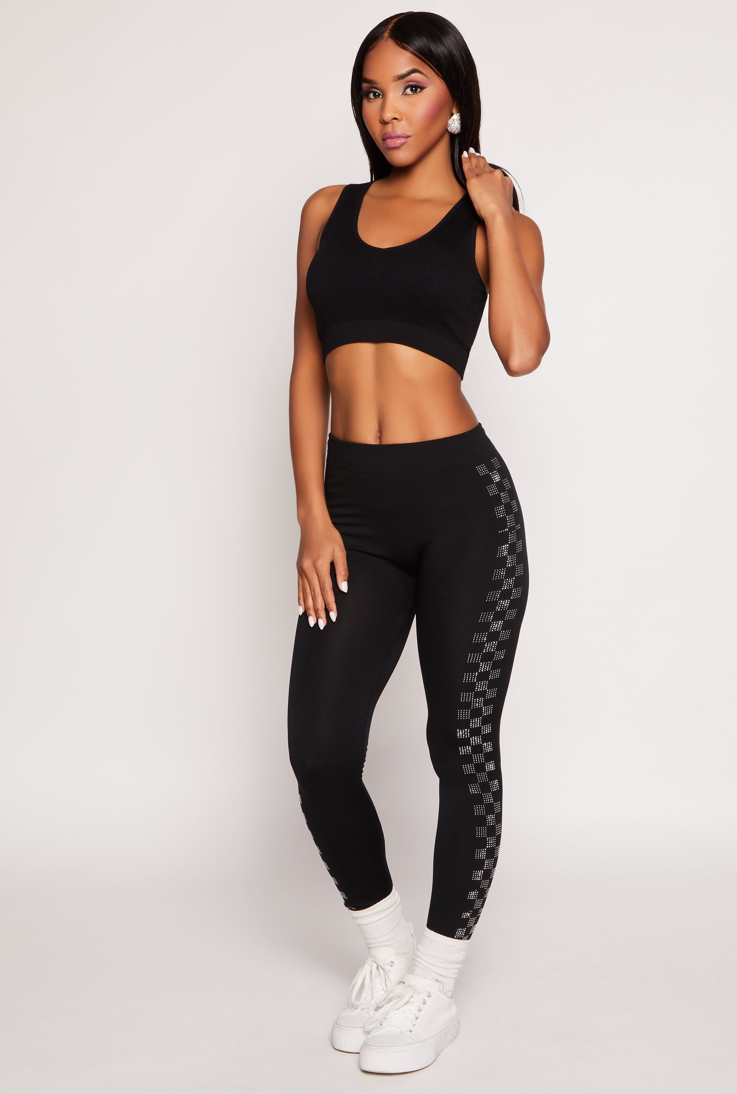 Rainbow Shops Seamless Checkered Rhinestone Detail Leggings