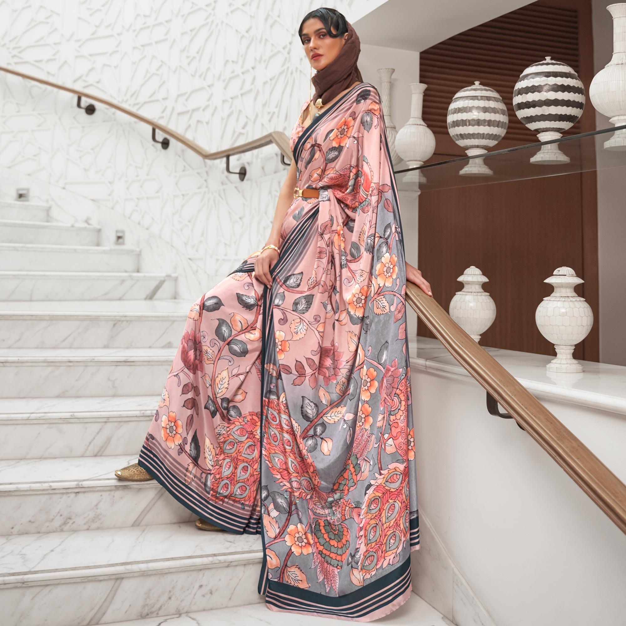 Peachmode Light Pink Partywear Floral Digital Printed Silk Saree