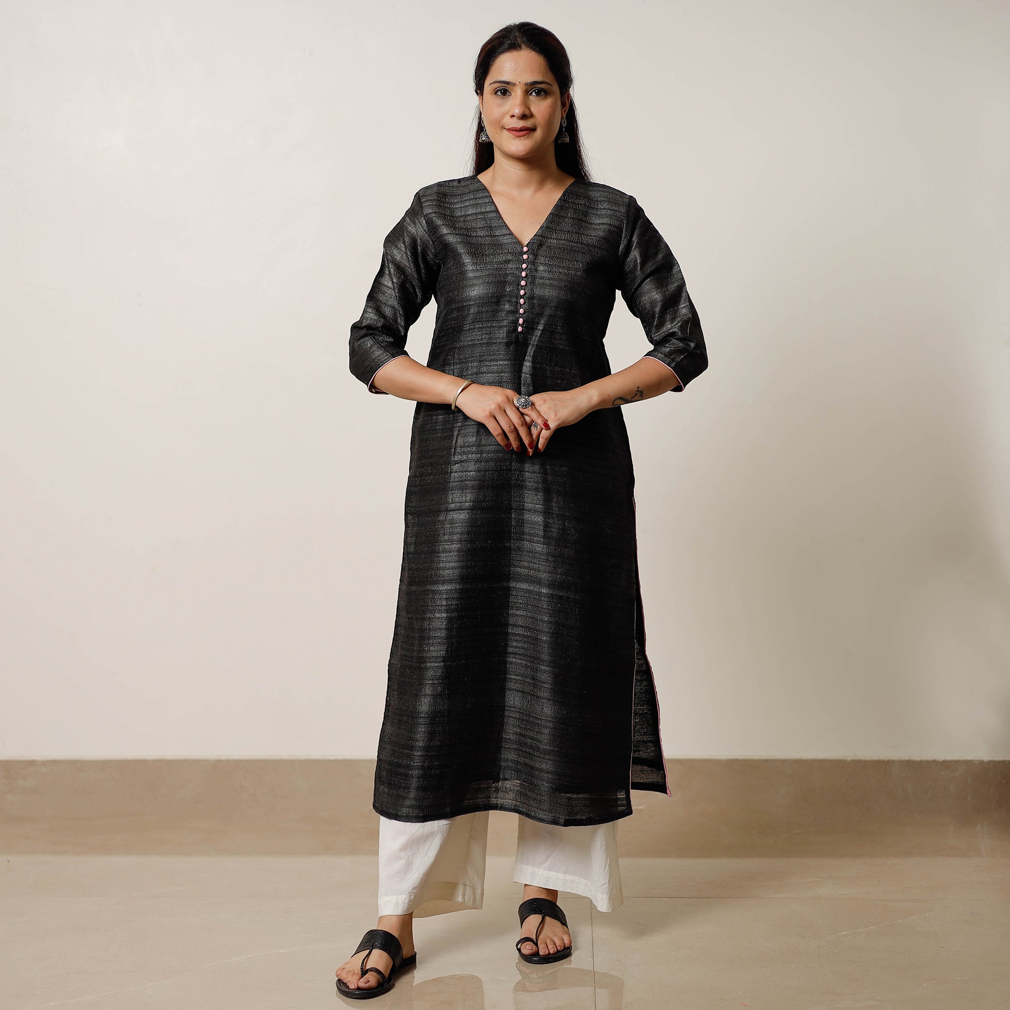 ITOKRI CASUALS Black - Bhagalpuri Handwoven Desi Tussar Silk Long Kurta - view 2