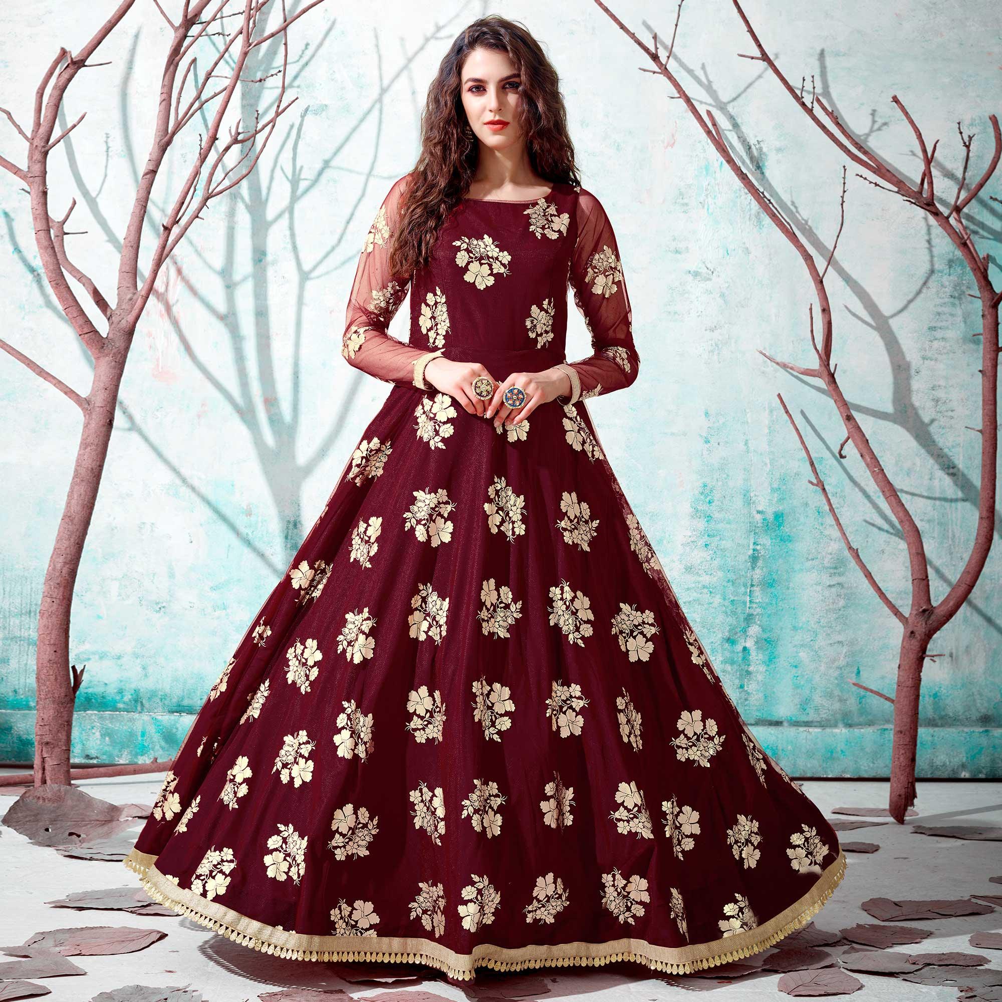 Peachmode Maroon Foil Printed Netted Gown