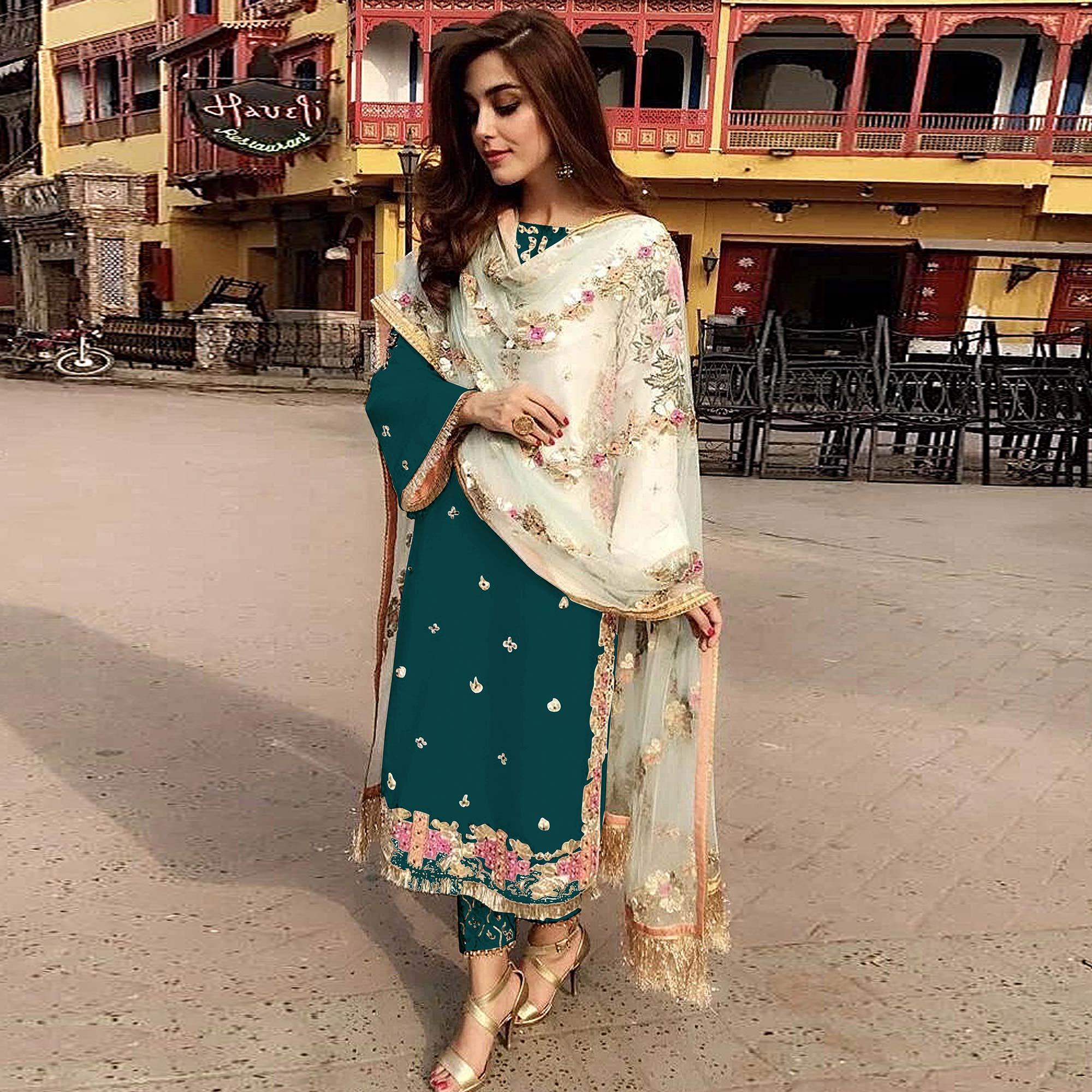 Peachmode Dark Green Partywear Straight cut Style Embroidery and Moti Work faux Georgette Salwar Suit
