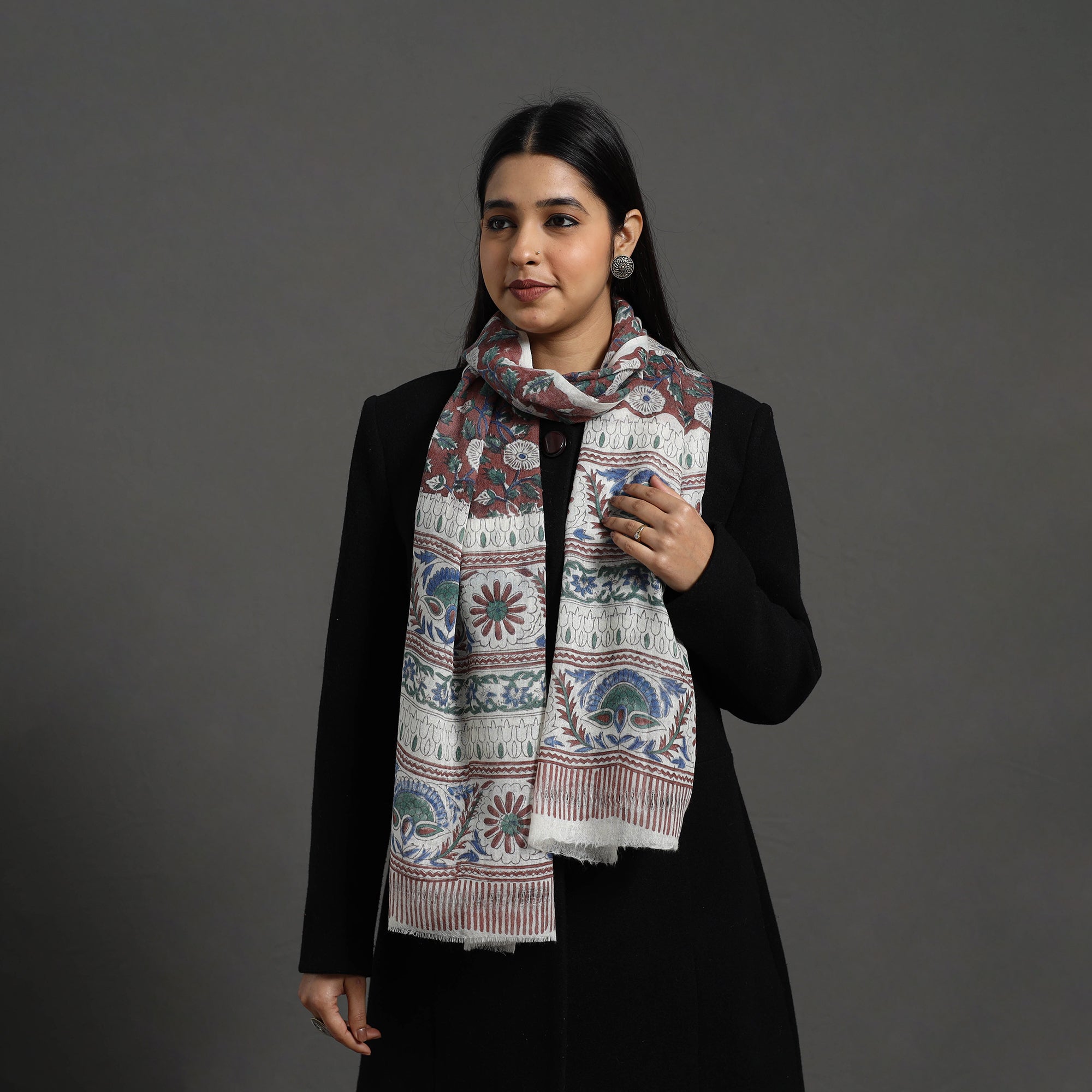 ARTISAN HAND BLOCK PRINTS Brown - Pure Wool Block Print Sanganeri Stole 16