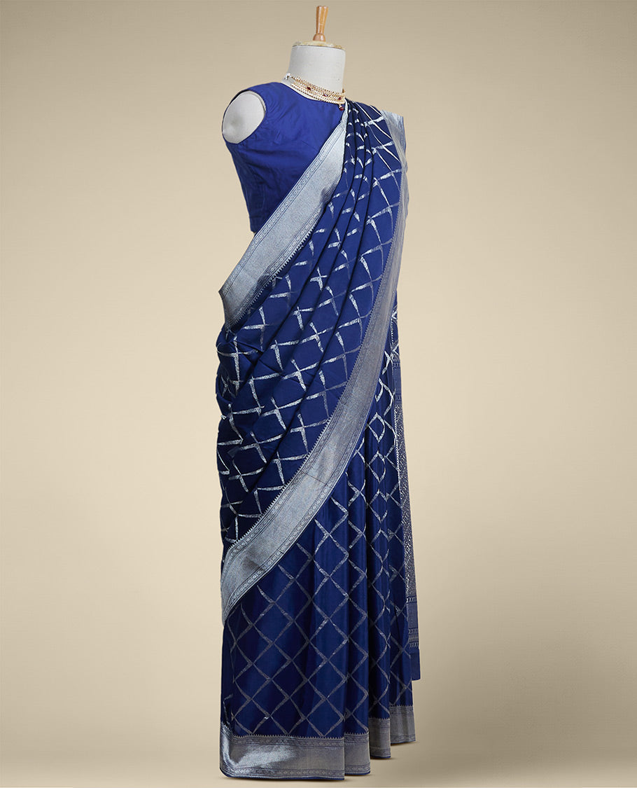 Pothys Blue checked mysore silk saree with contrast intricate zari border - view 2