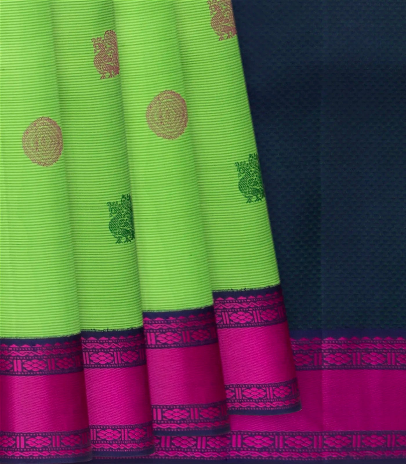 RmKV Mint Green Hand woven Kanchipuram Korvai Silk Saree With Annam, Chakaram Butta On Stripes & Contrast Navy Blue Border, Pallu-Mint Green