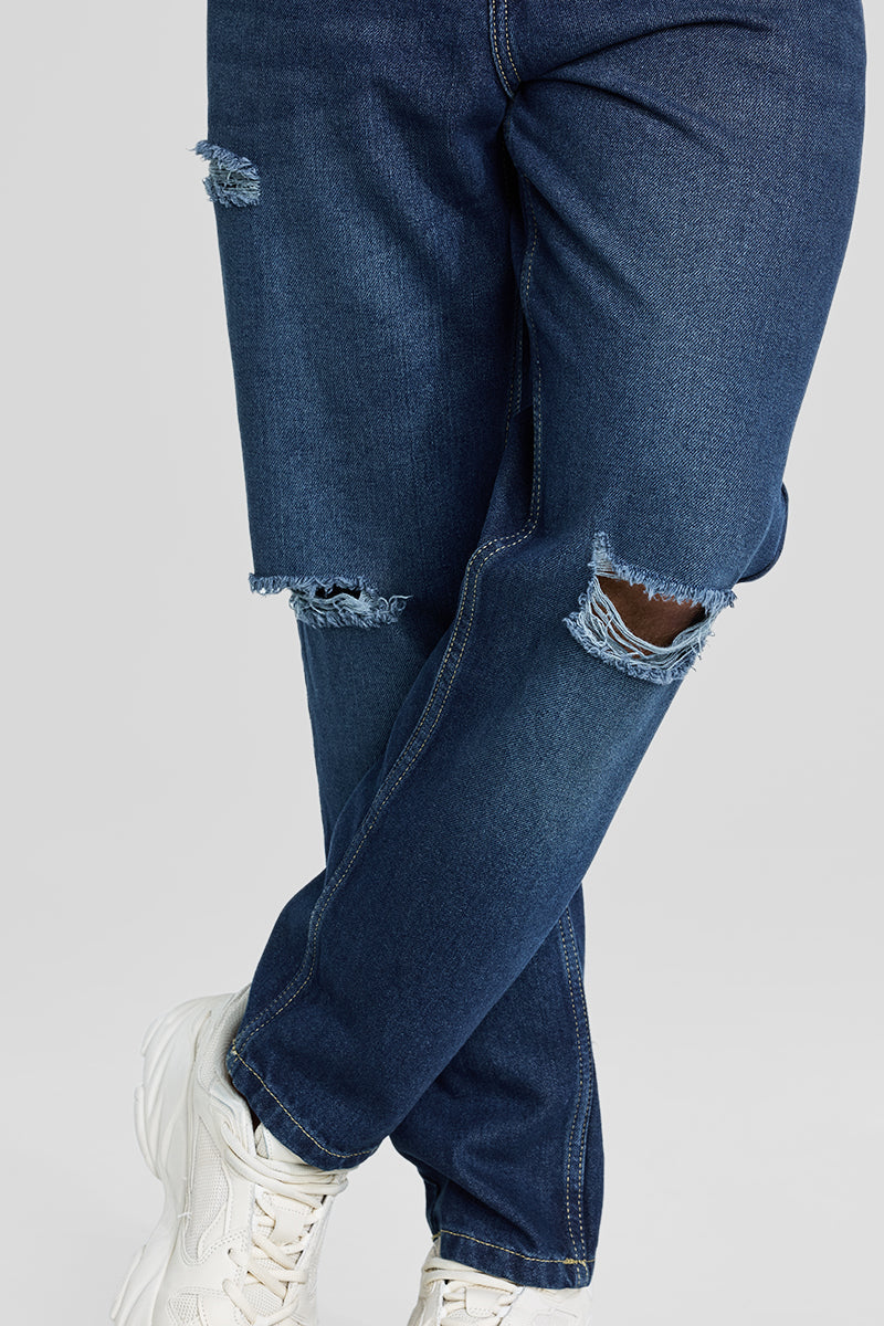 SNITCH Navy Distressed Baggy Fit Jeans - view 7