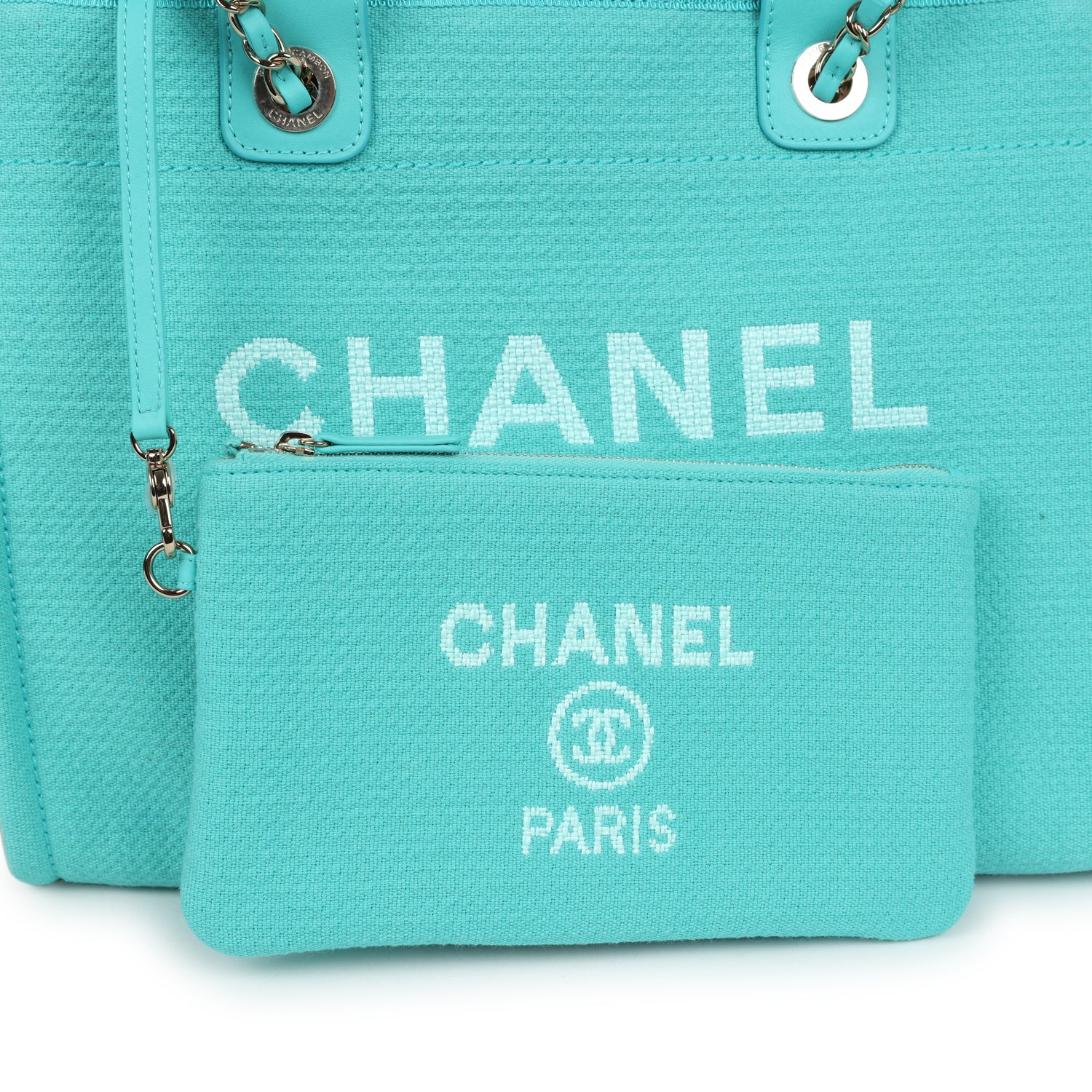Cop Underdog Chanel Small Deauville Shopping Bag Turquoise Canvas Light Gold Hardware - view 6