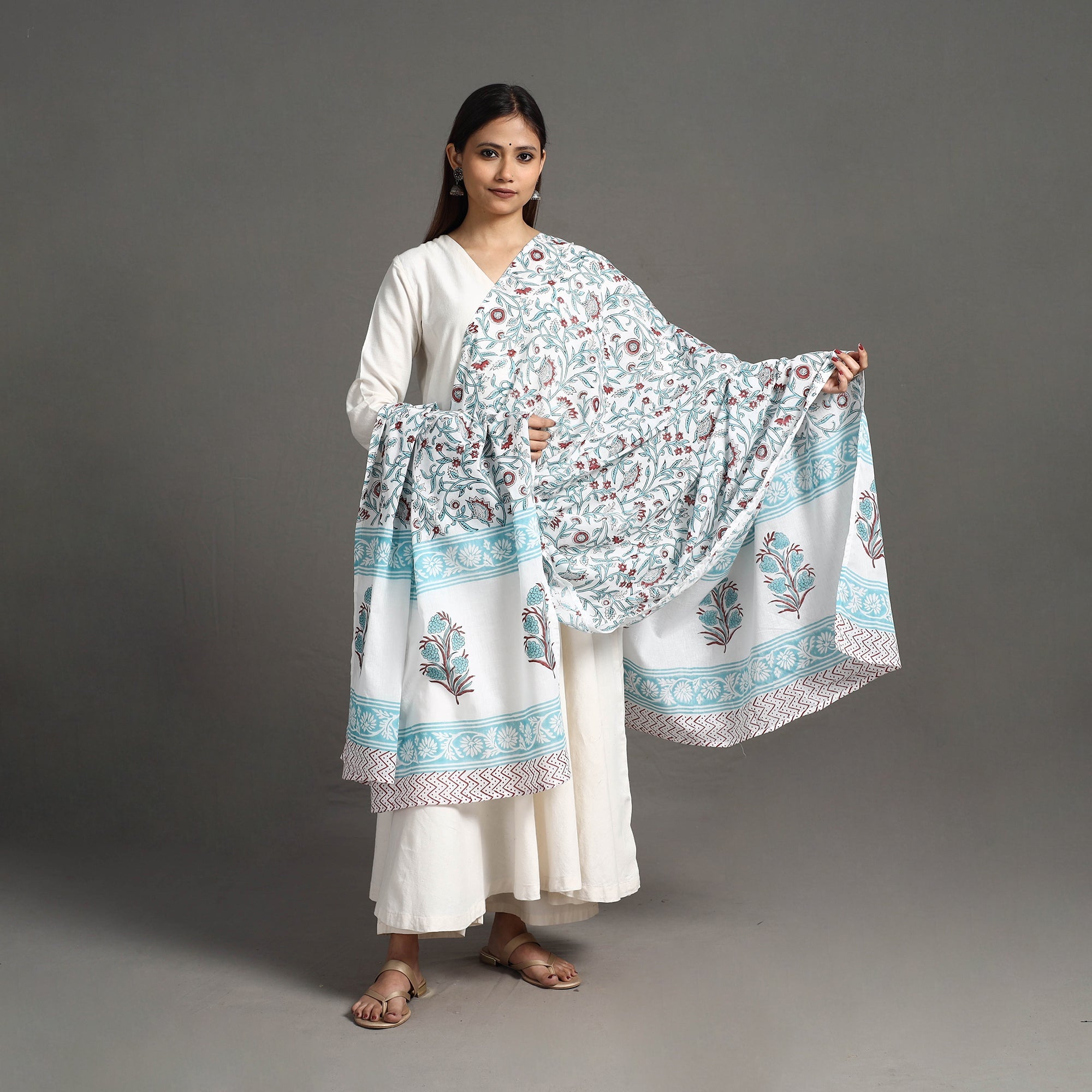 HAVELI CHRONICLES Blue - Block Print Cotton Sanganeri Floral Dupatta 06