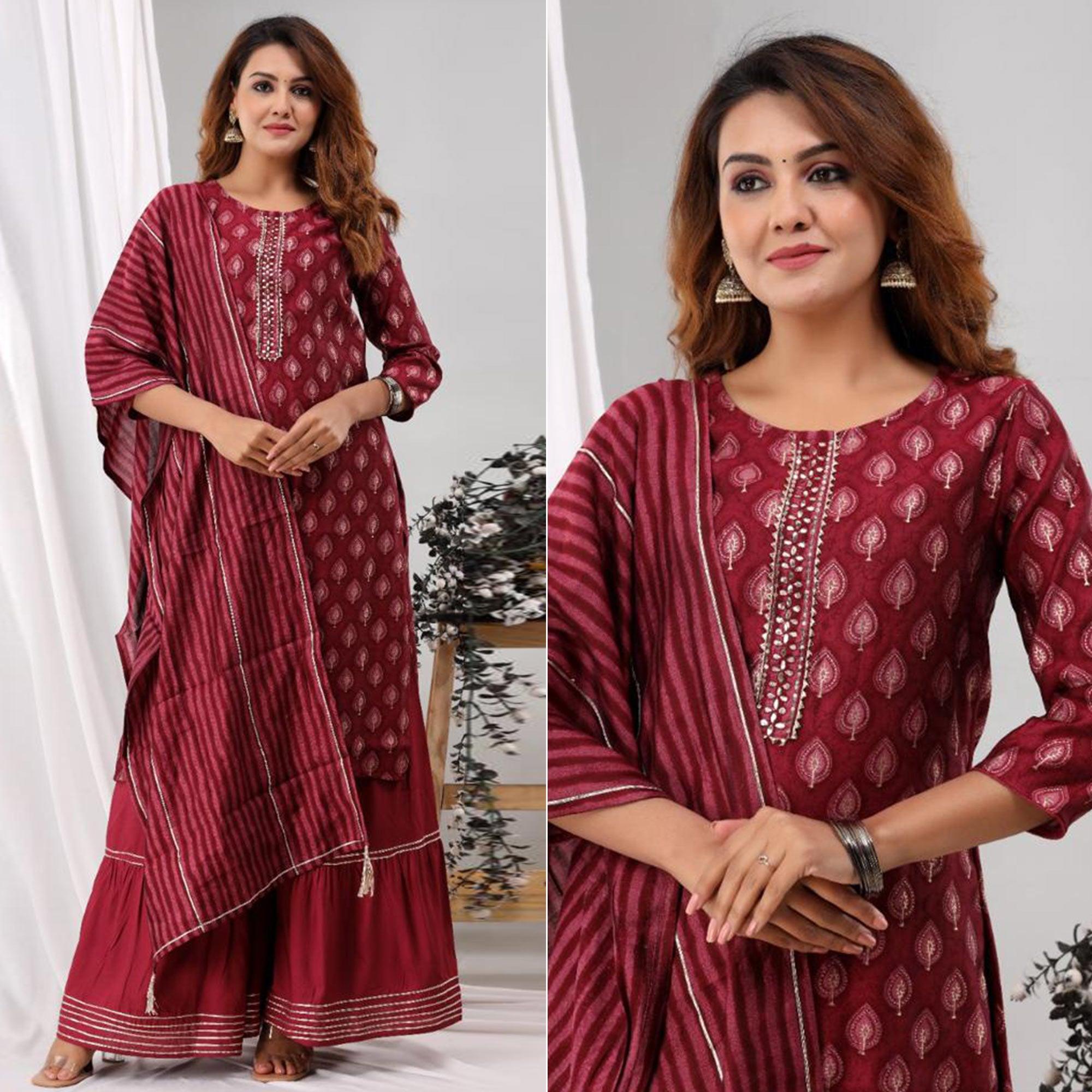 Peachmode Maroon Partywear Sequins Embroidered Cotton Kurti Palazzo Suit
