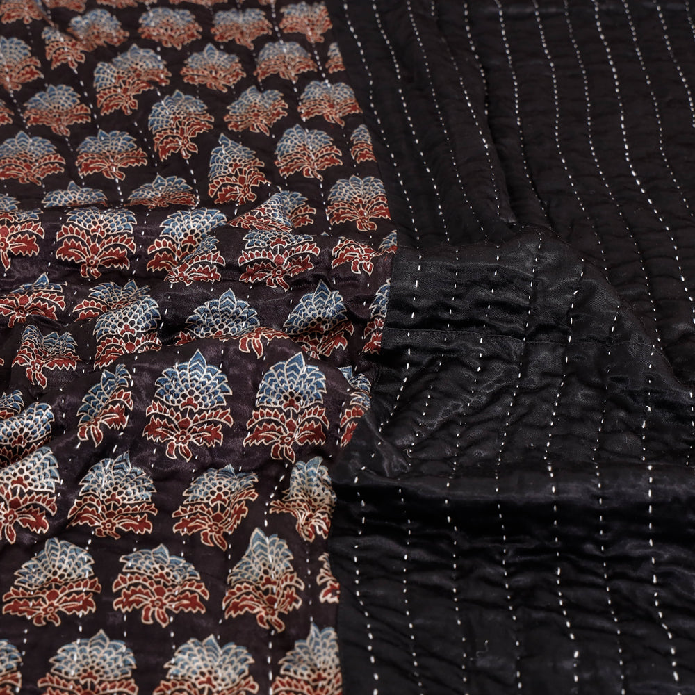 KACHCHH JI CHHAAP Black - Reversible Ajrakh Patch & Tagai Work Mashru Silk Double Bed Cover / Quilt (102 x 84 in) - view 5