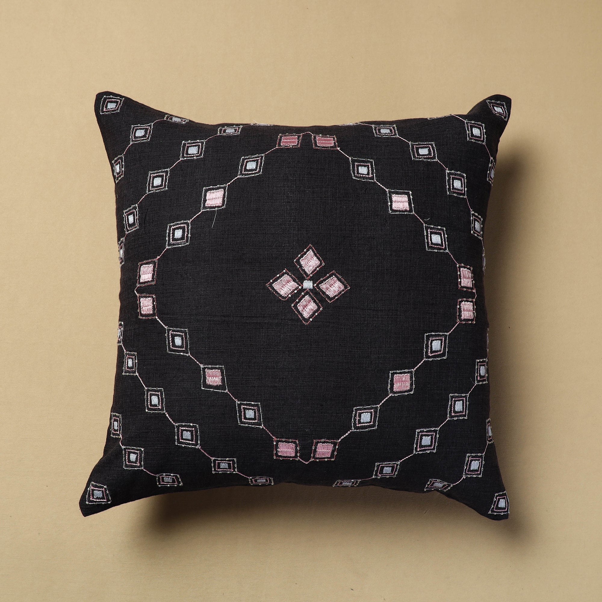 NOORI BAZAR Black - Hand Embroidery Plain Cotton Cushion Cover (16 x 16 in)