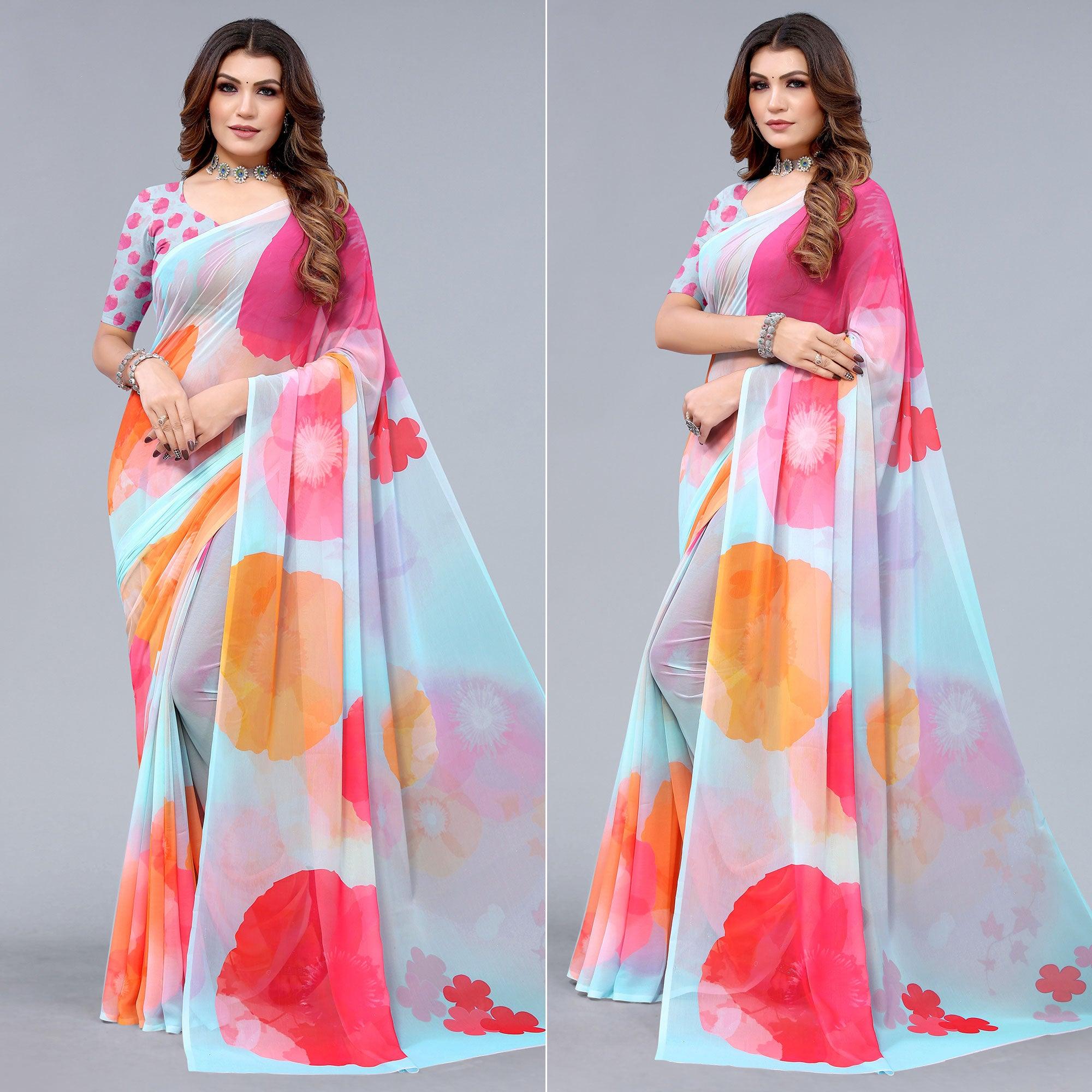 Peachmode Light Blue Printed Georgette Saree – Women's