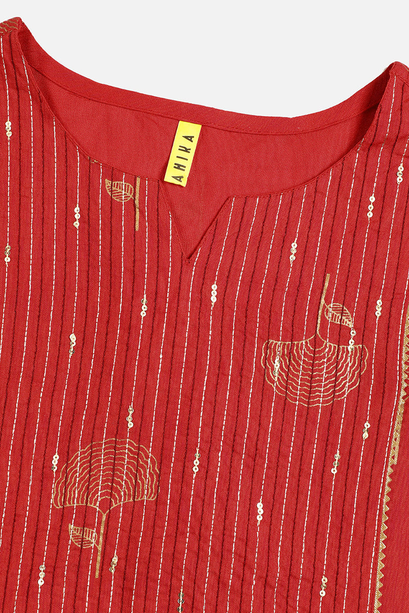 Ahika Red Cotton Sequin Embroidered Straight Kurti VEK1065 - view 2