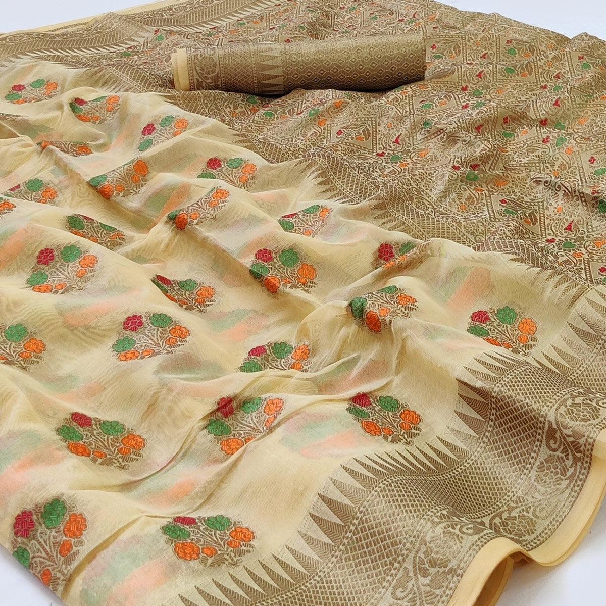 Peachmode Cream Woven Organza Saree – Women's - view 2