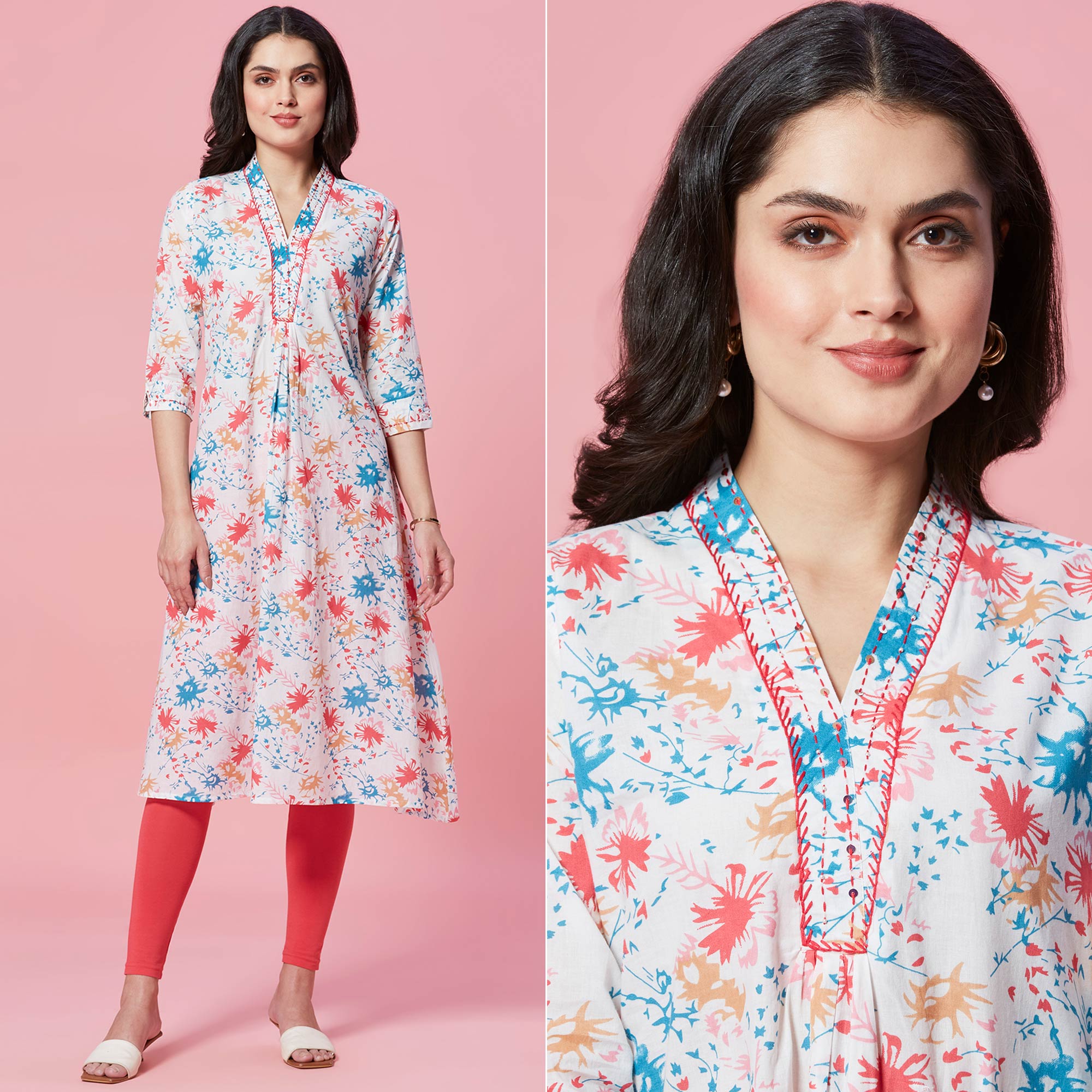 Peachmode White Floral Printed Pure Cotton A-Line Kurti