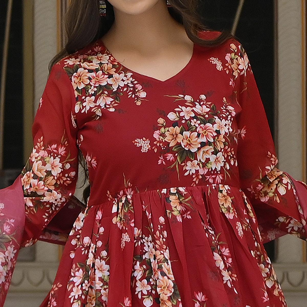 Peachmode Maroon Floral Printed Georgette Sharara Suit - view 4