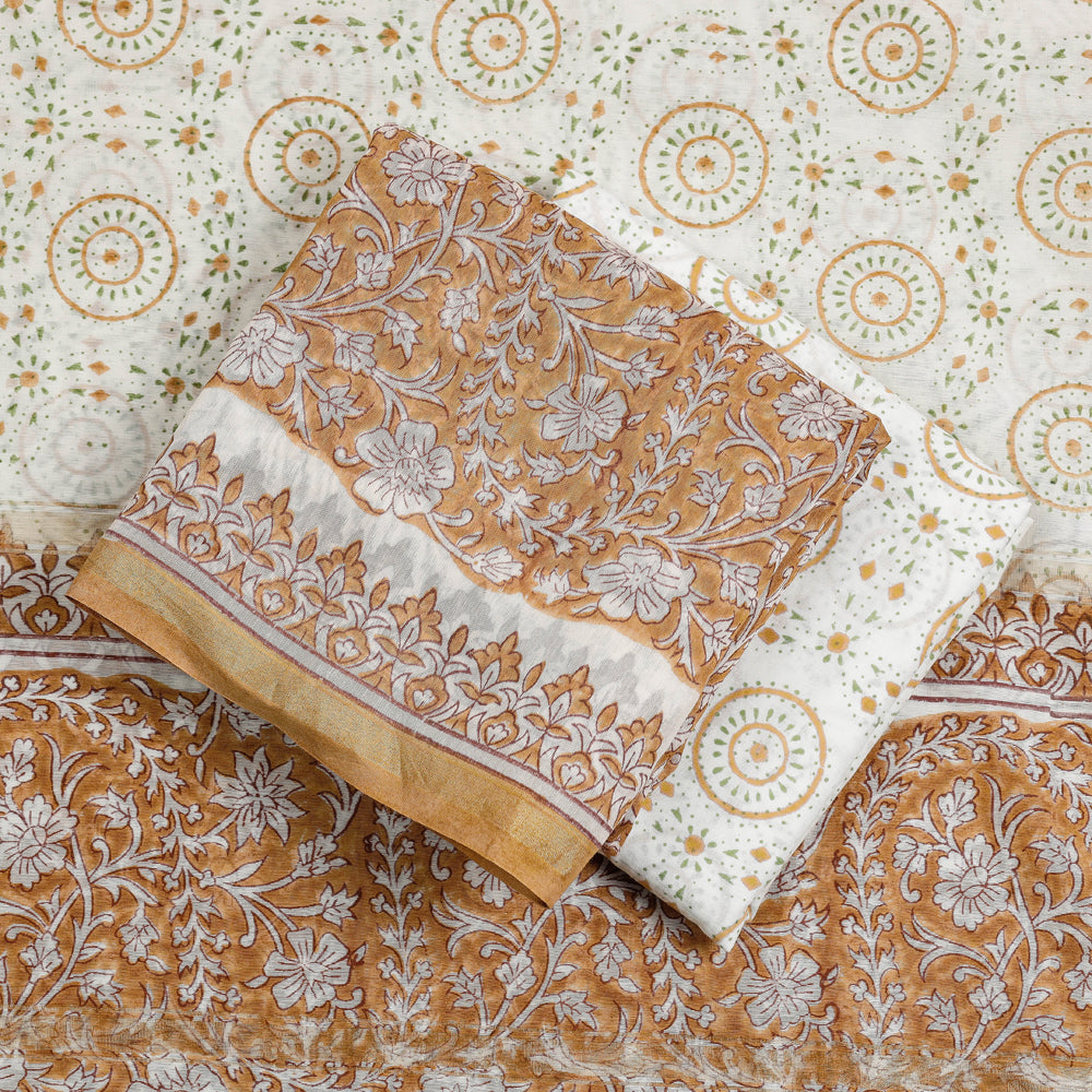 ARTISAN HAND BLOCK PRINTS Brown - 3pc Sanganeri Block Printed Chanderi Silk Suit Material Set - view 2