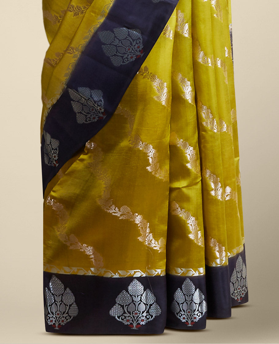 Pothys Yellow floral vine design dupio silk saree with contrast floral motifd border - view 3