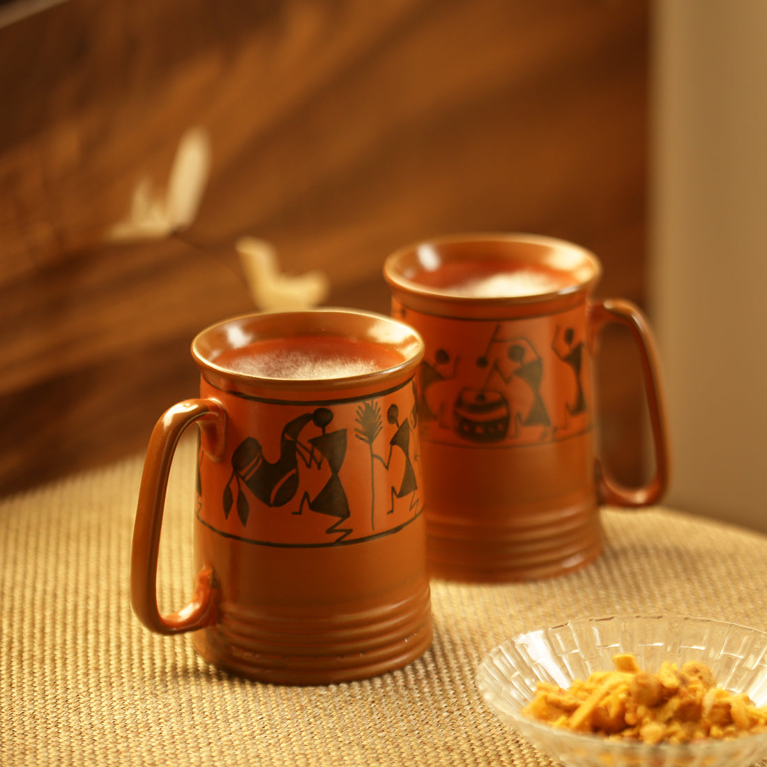 EXCLUSIVELANE 'Two To Tango' Warli Handpainted Beer & Milk Mugs In Ceramic (Set Of 2) - view 2