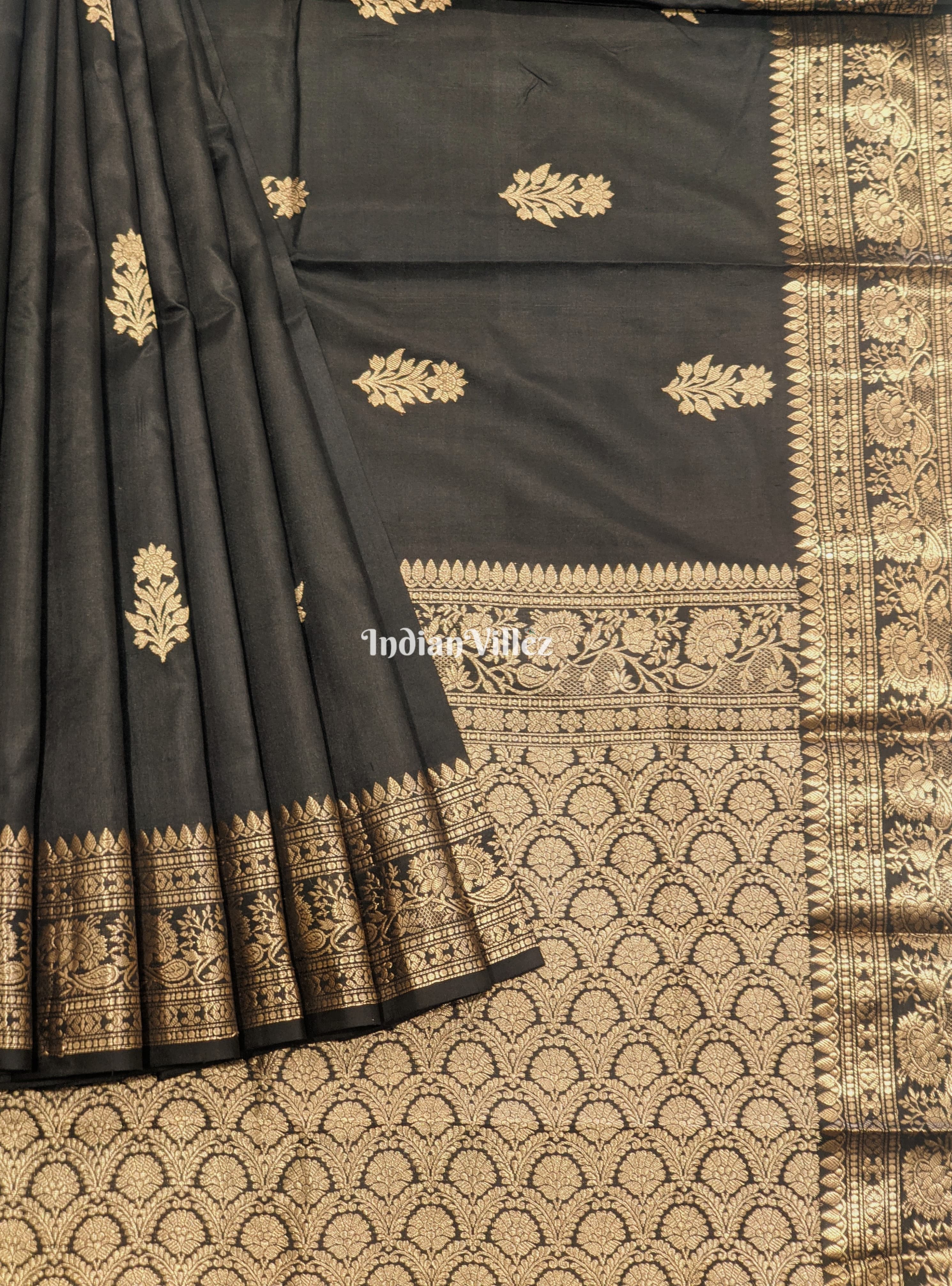 IndianVillèz Black Banarasi Katan Saree with Golden Sunflower Design