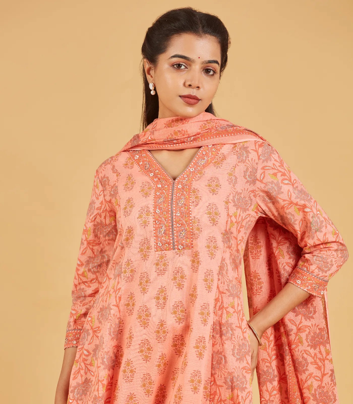 RmKV Peach Floral Printed Kurta Set With Matching Dupatta