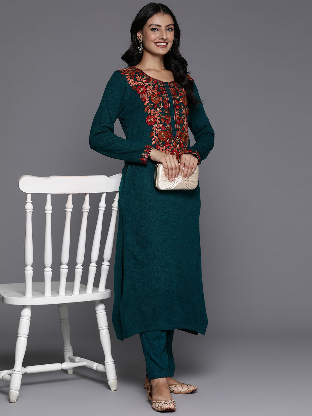 Libas Green Yoke Design Wool Straight Kurta Set