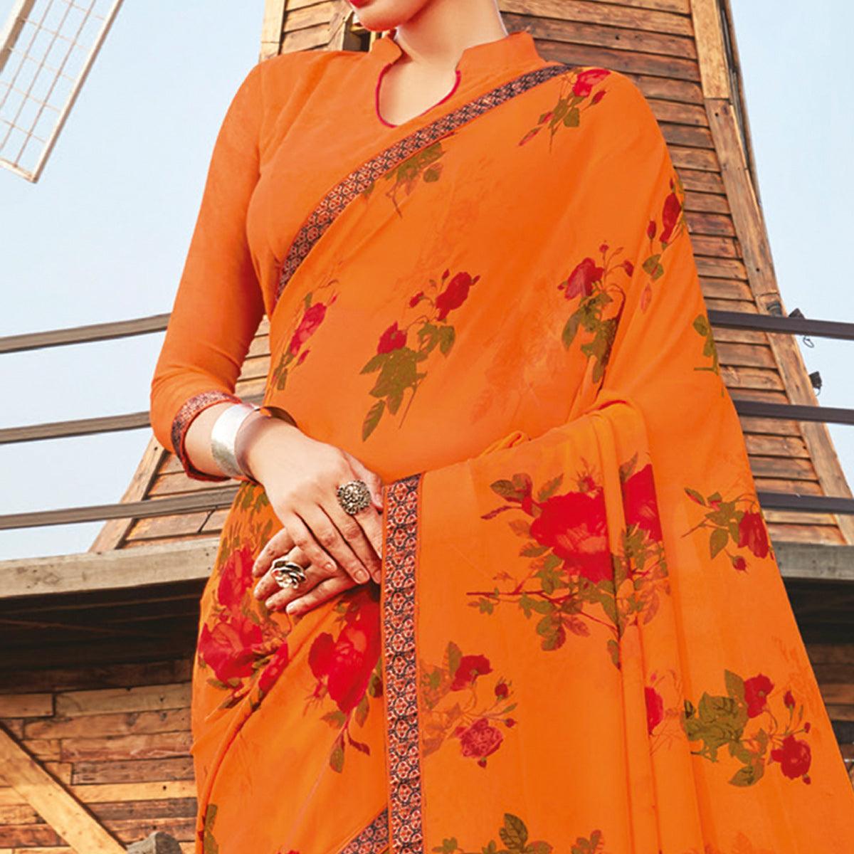 Peachmode Lovely Orange Coloured Partywear Pure Georgette Floral Printed Saree With Fancy Lace Border - view 2