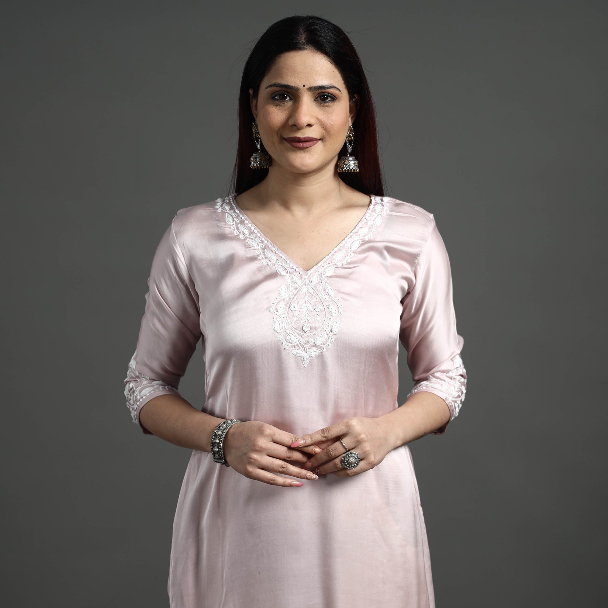 ITOKRI CASUALS Baby Pink - Modal Silk Noori Hand Embroidery Long Straight Kurta