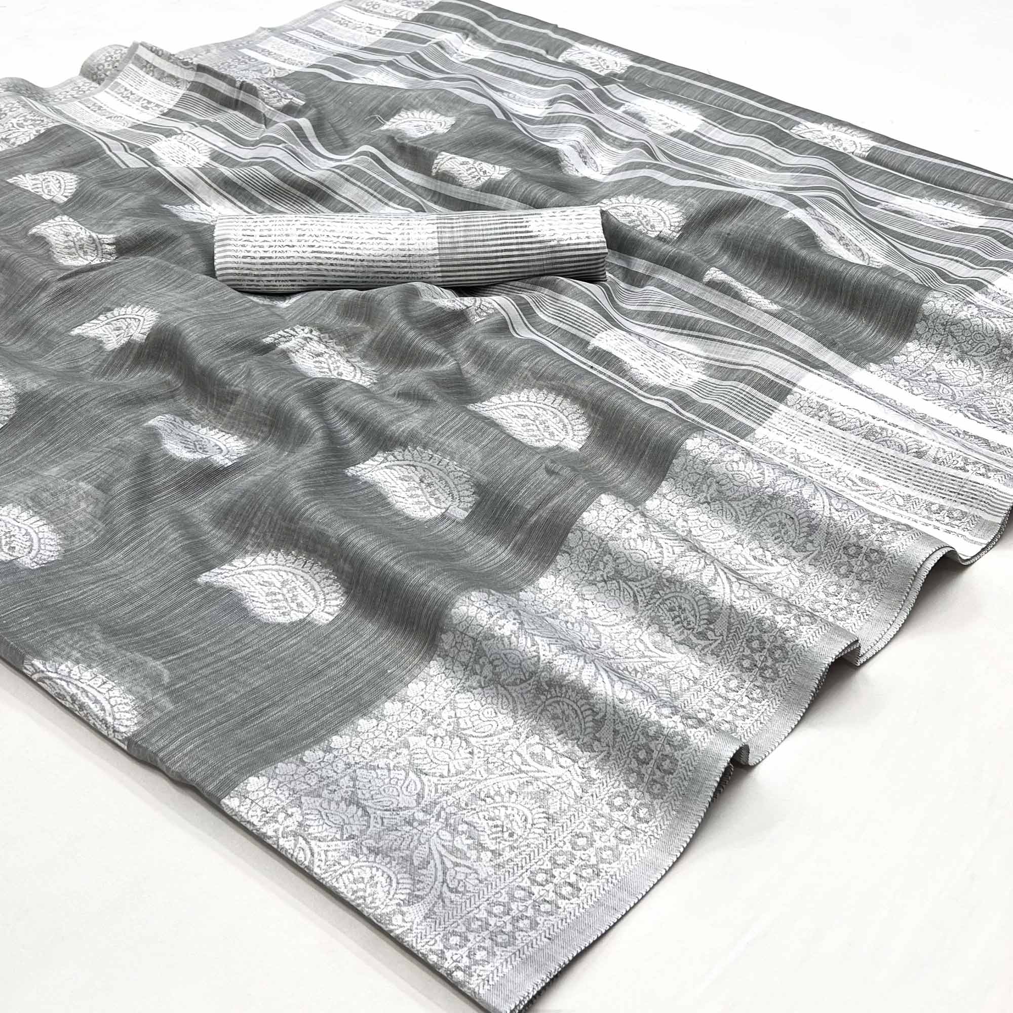 Peachmode Grey Woven Linen Saree – Women's