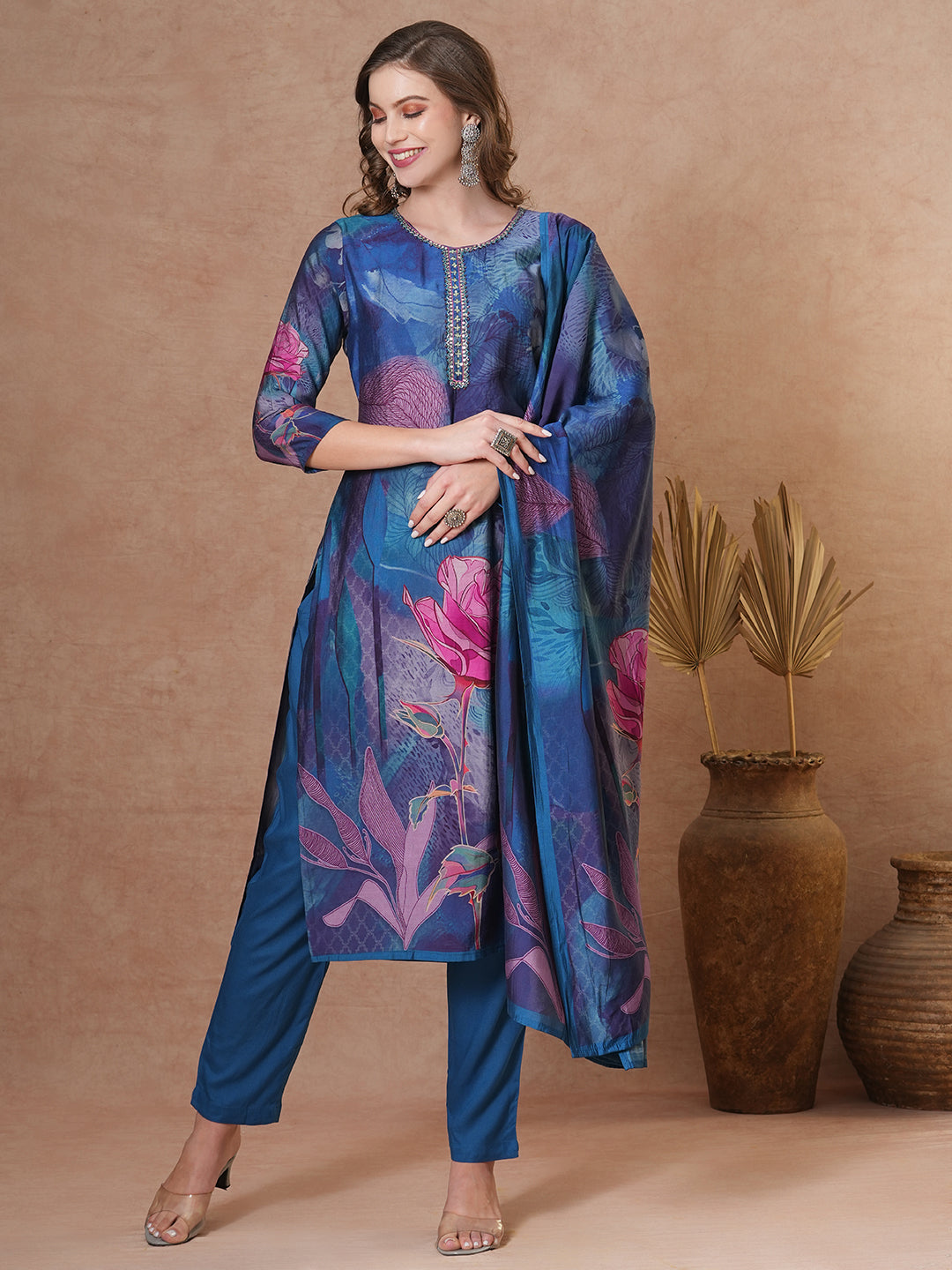 FASHOR Abstract Floral Printed Straight Fit Kurta with Pant and Dupatta - Blue - view 4