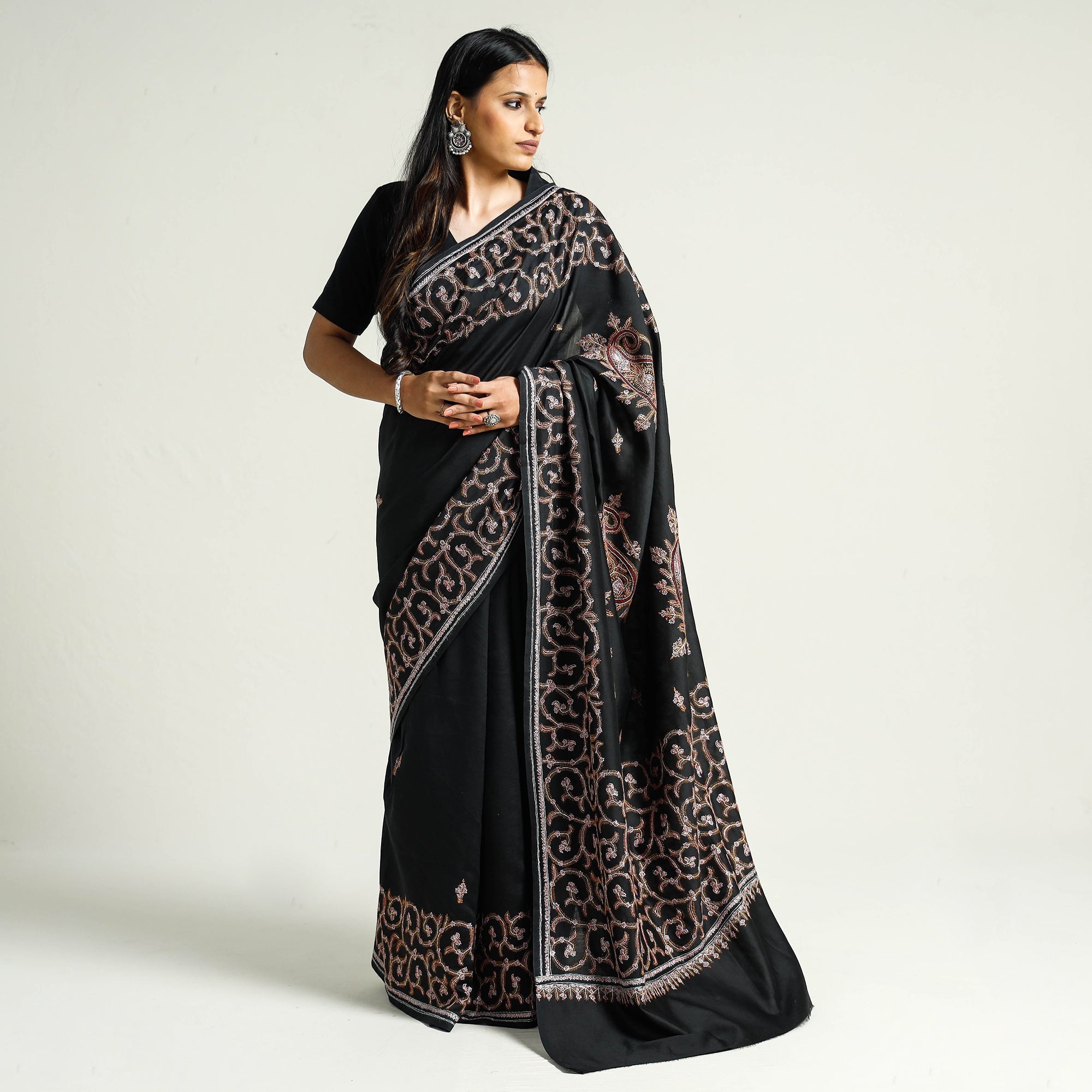 ITOKRI CRAFTS INITIATIVE Black - Kashidakari Hand Embroidery Chanderi Silk Saree with Zari Border - view 2